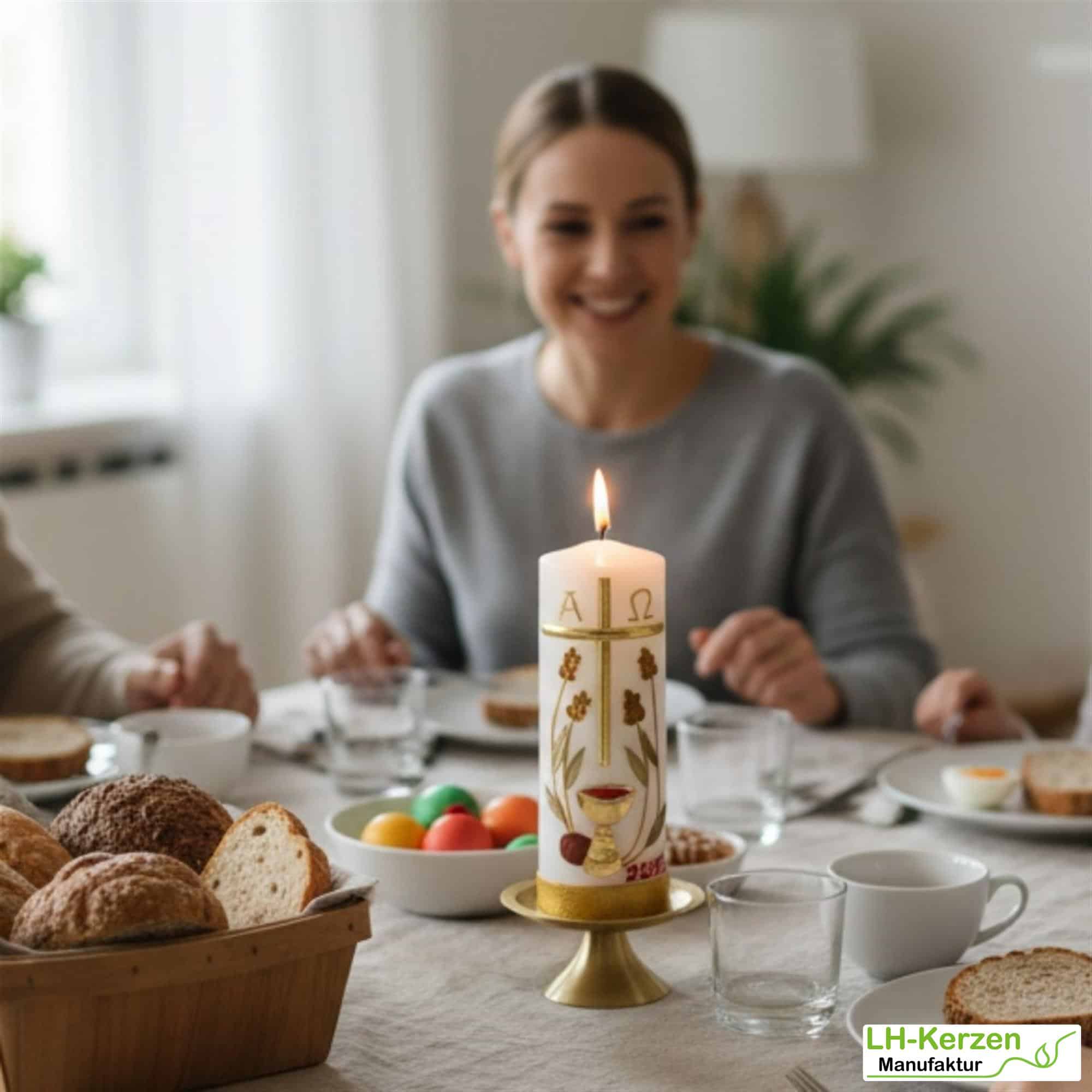 Brot des Lebens – Handgefertigte Osterkerze religiös mit Kreuz, Ähren, Kelch, Alpha & Omega
