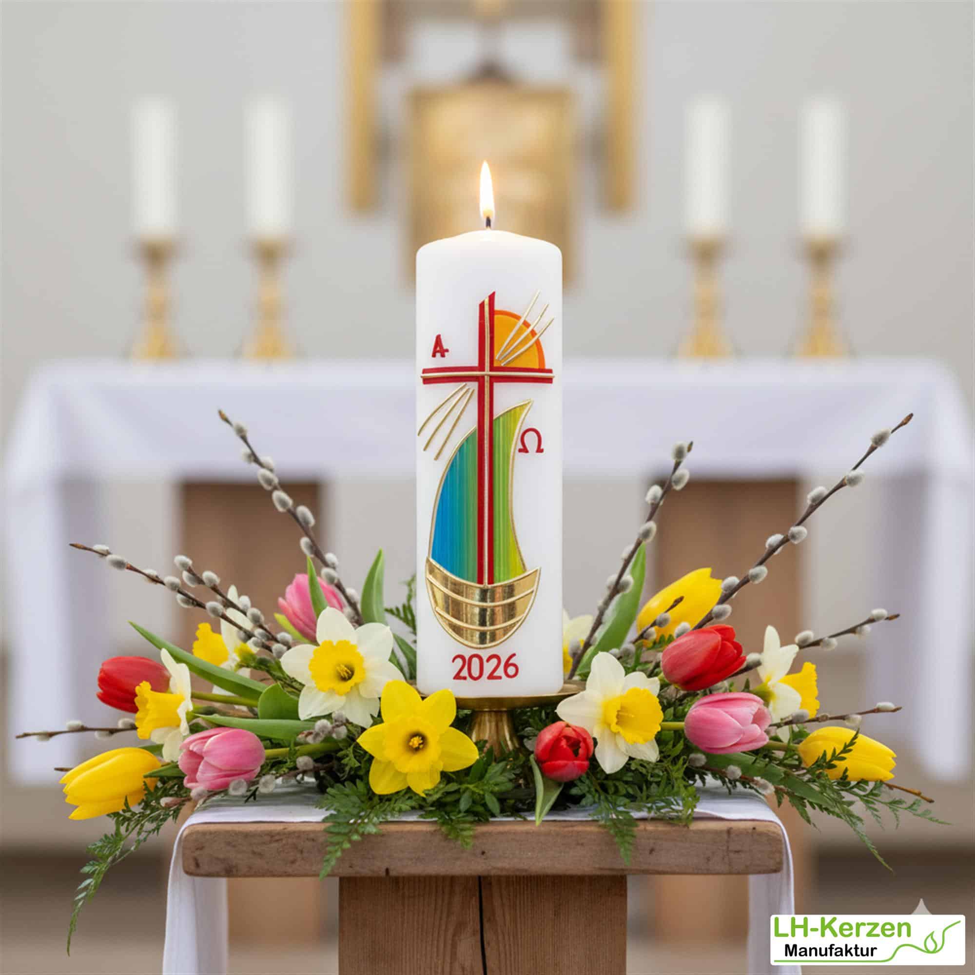 Strahlen der Hoffnung - Handgefertigte Osterkerze mit Kreuz und Segelschiff, Sonne, Alpha & Omega