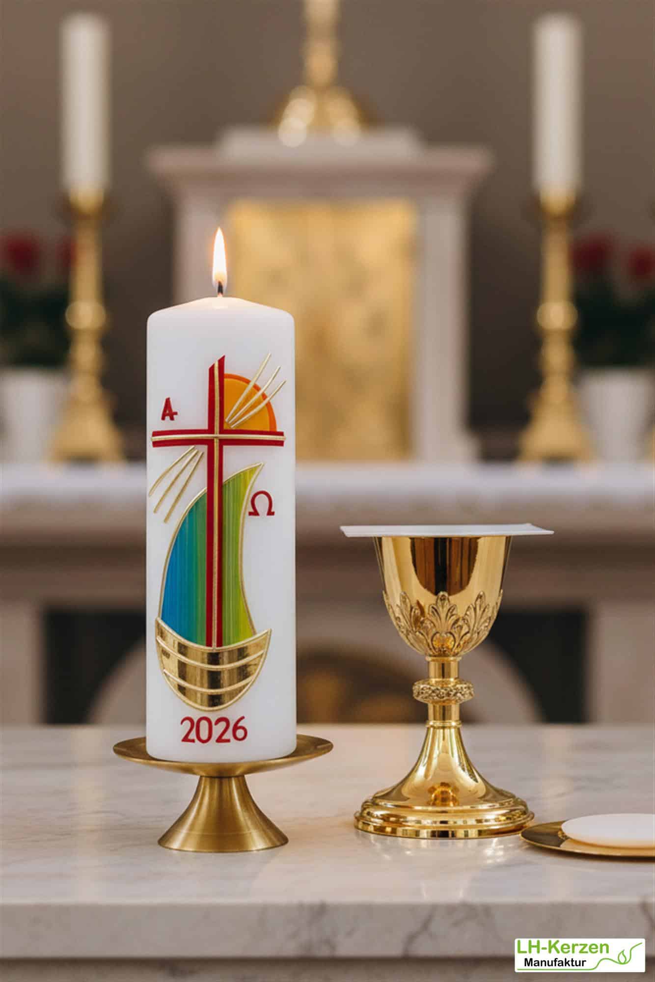 Strahlen der Hoffnung - Handgefertigte Osterkerze mit Kreuz und Segelschiff, Sonne, Alpha & Omega