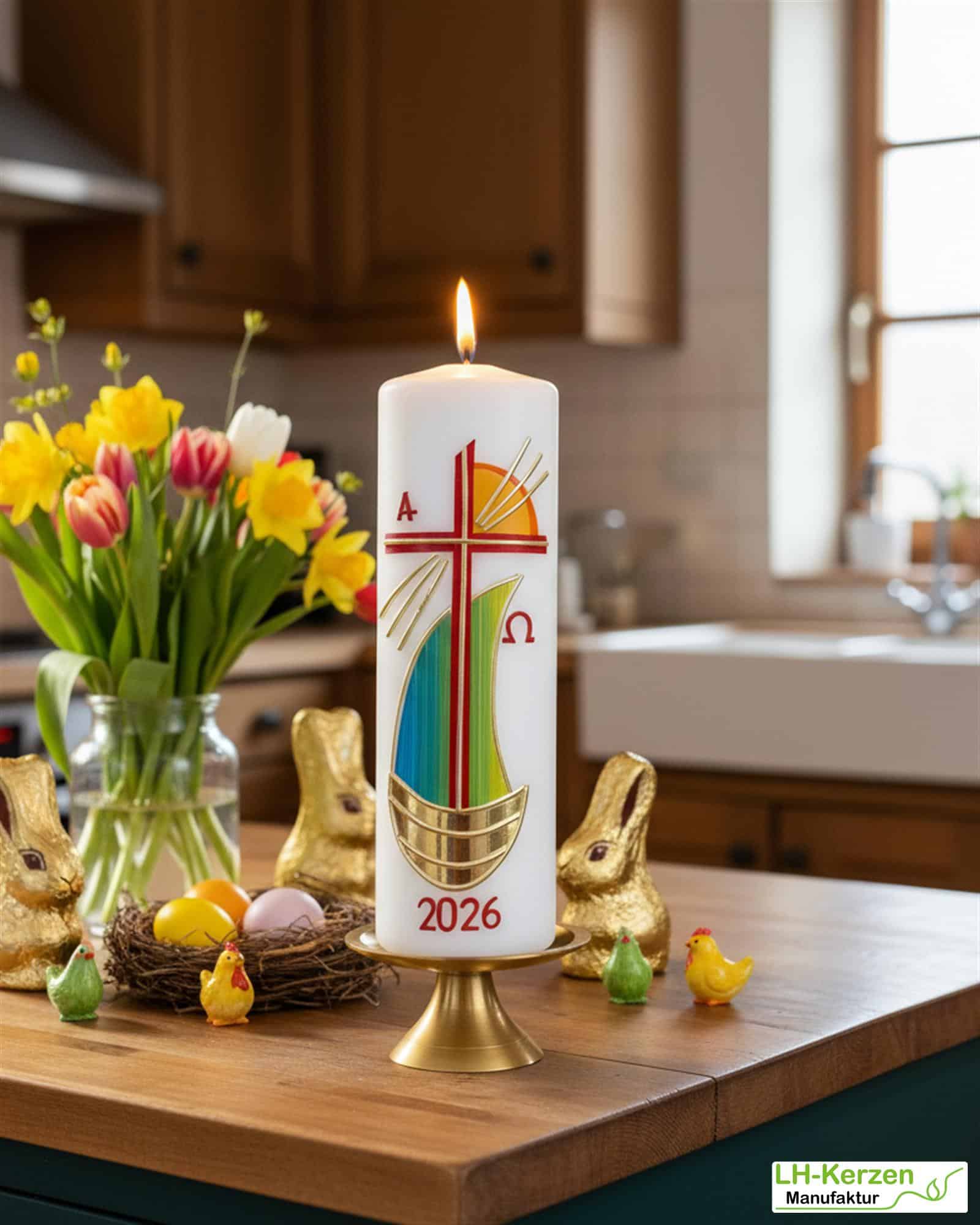 Strahlen der Hoffnung - Handgefertigte Osterkerze mit Kreuz und Segelschiff, Sonne, Alpha & Omega