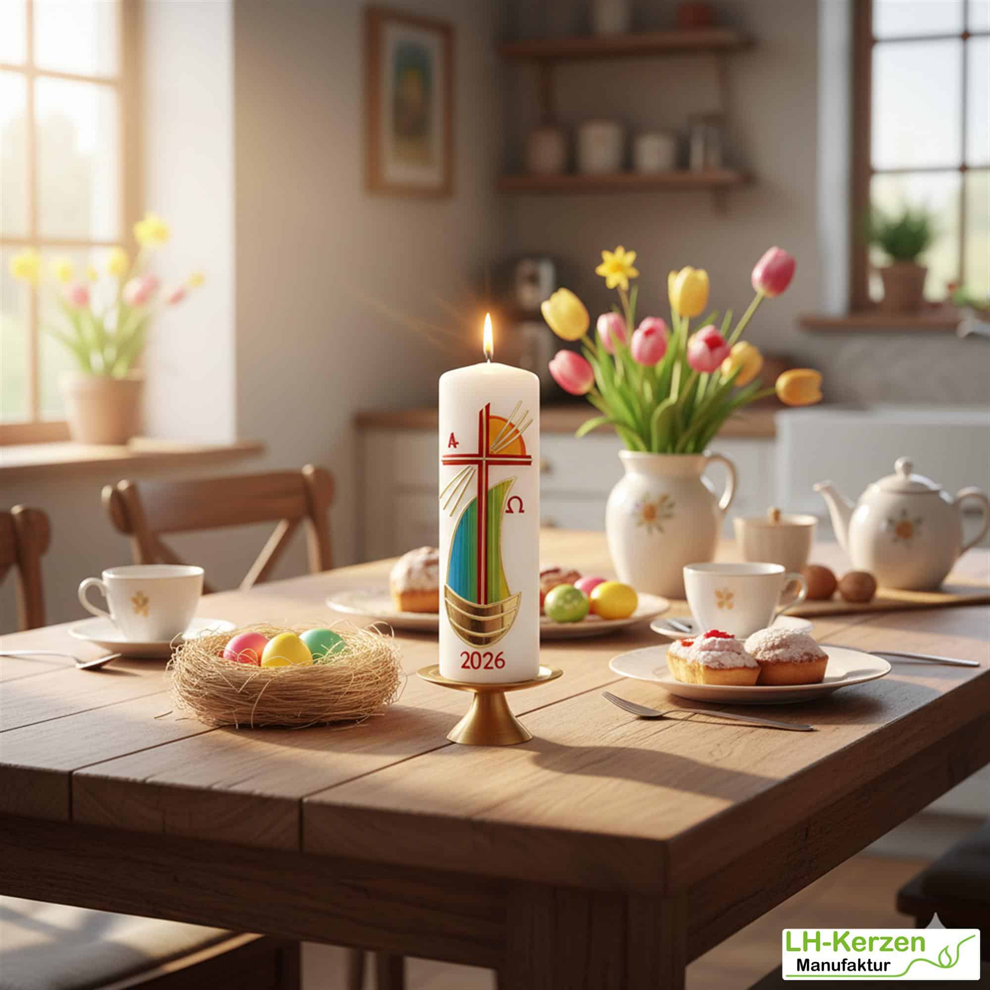 Strahlen der Hoffnung - Handgefertigte Osterkerze mit Kreuz und Segelschiff, Sonne, Alpha & Omega