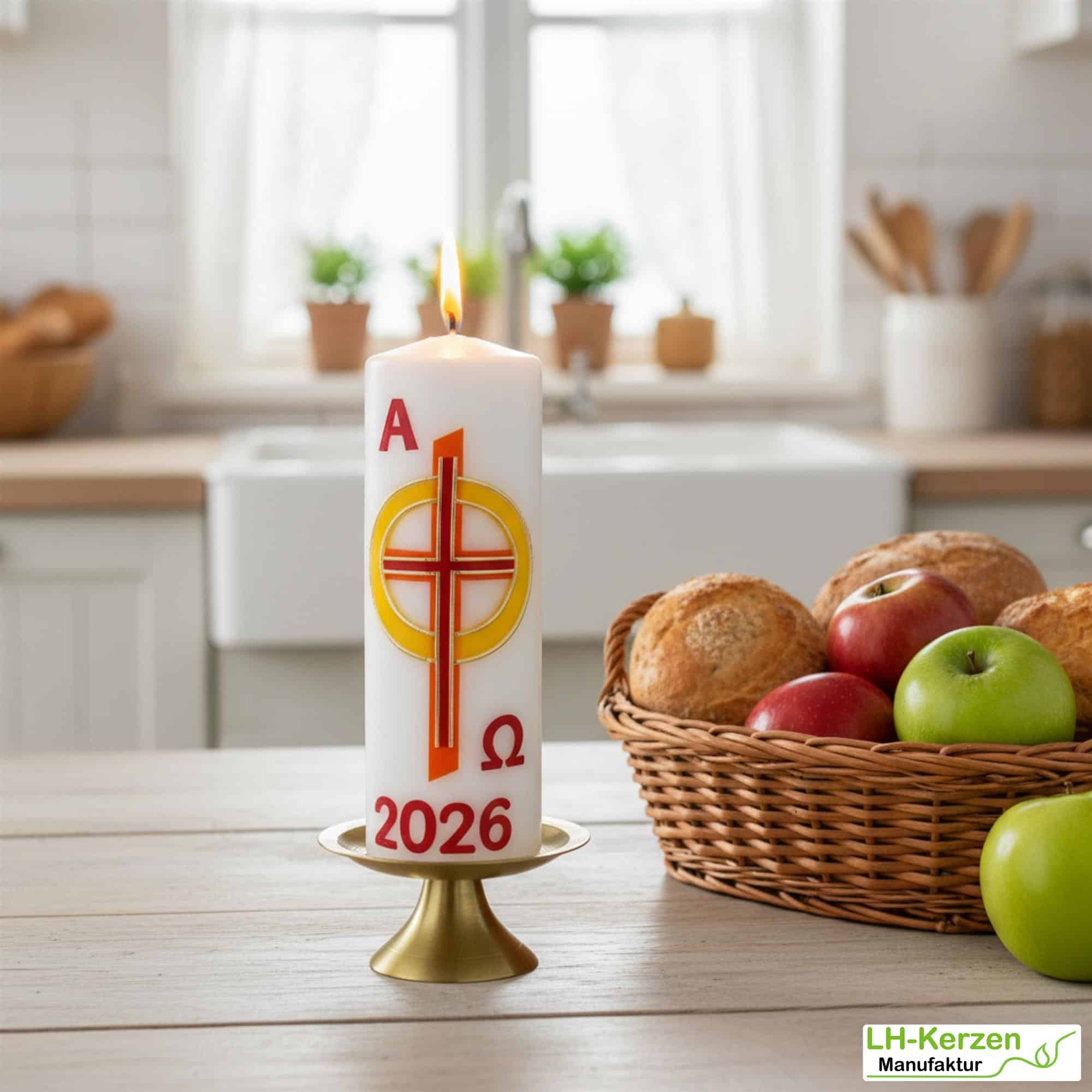 Feuer des Glaubens – handverzierte religiöse Osterkerze mit Kreuz und goldgelbem Sonnenring