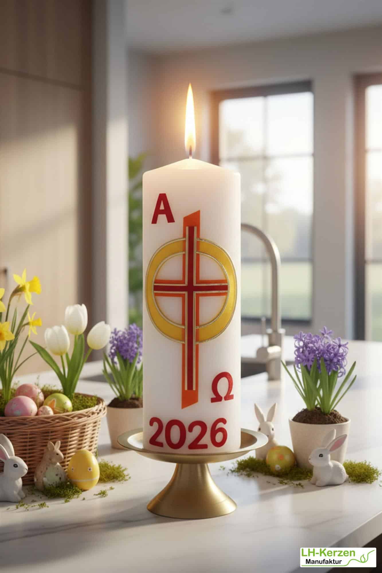 Feuer des Glaubens – handverzierte religiöse Osterkerze mit Kreuz und goldgelbem Sonnenring