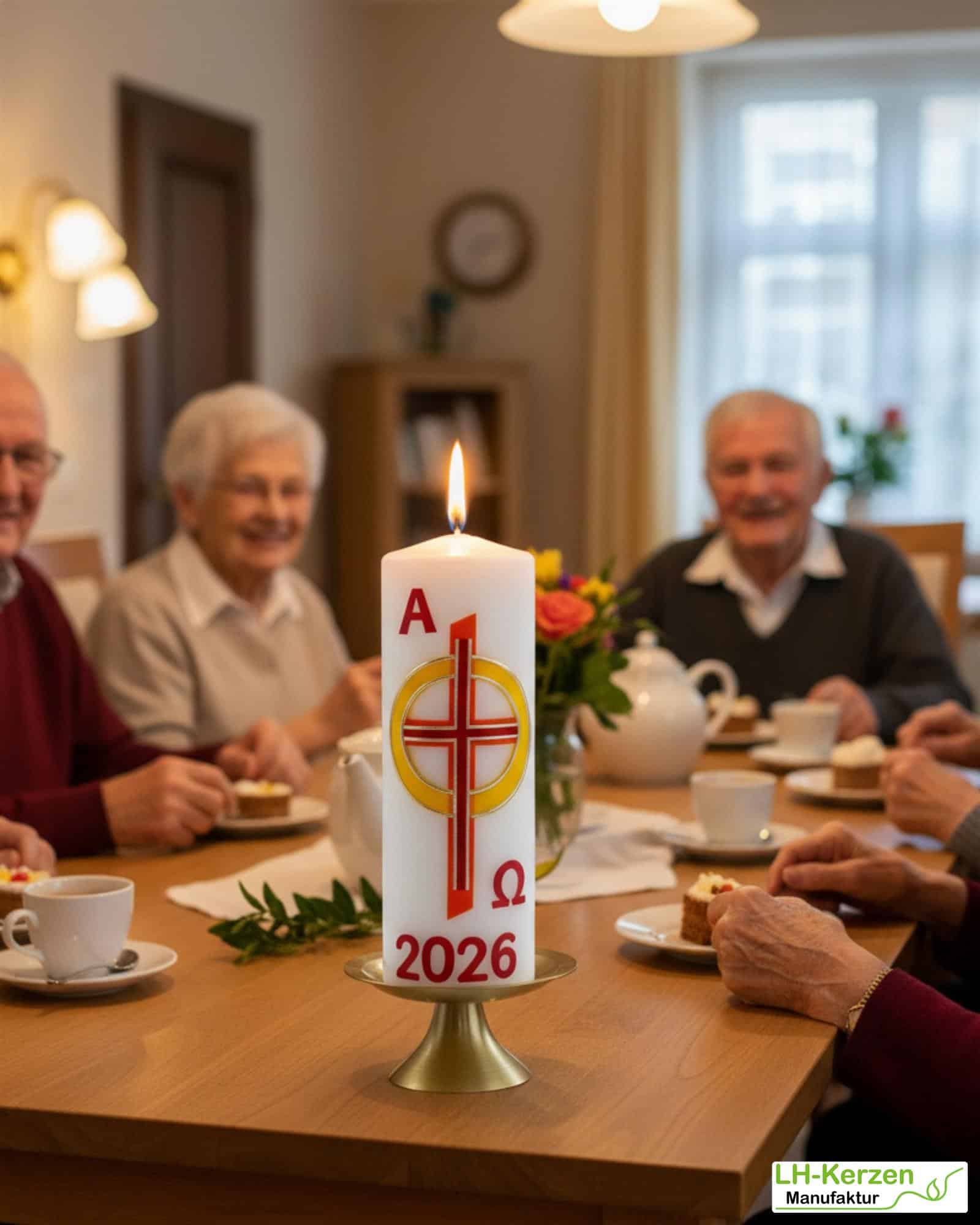 Feuer des Glaubens – handverzierte religiöse Osterkerze mit Kreuz und goldgelbem Sonnenring