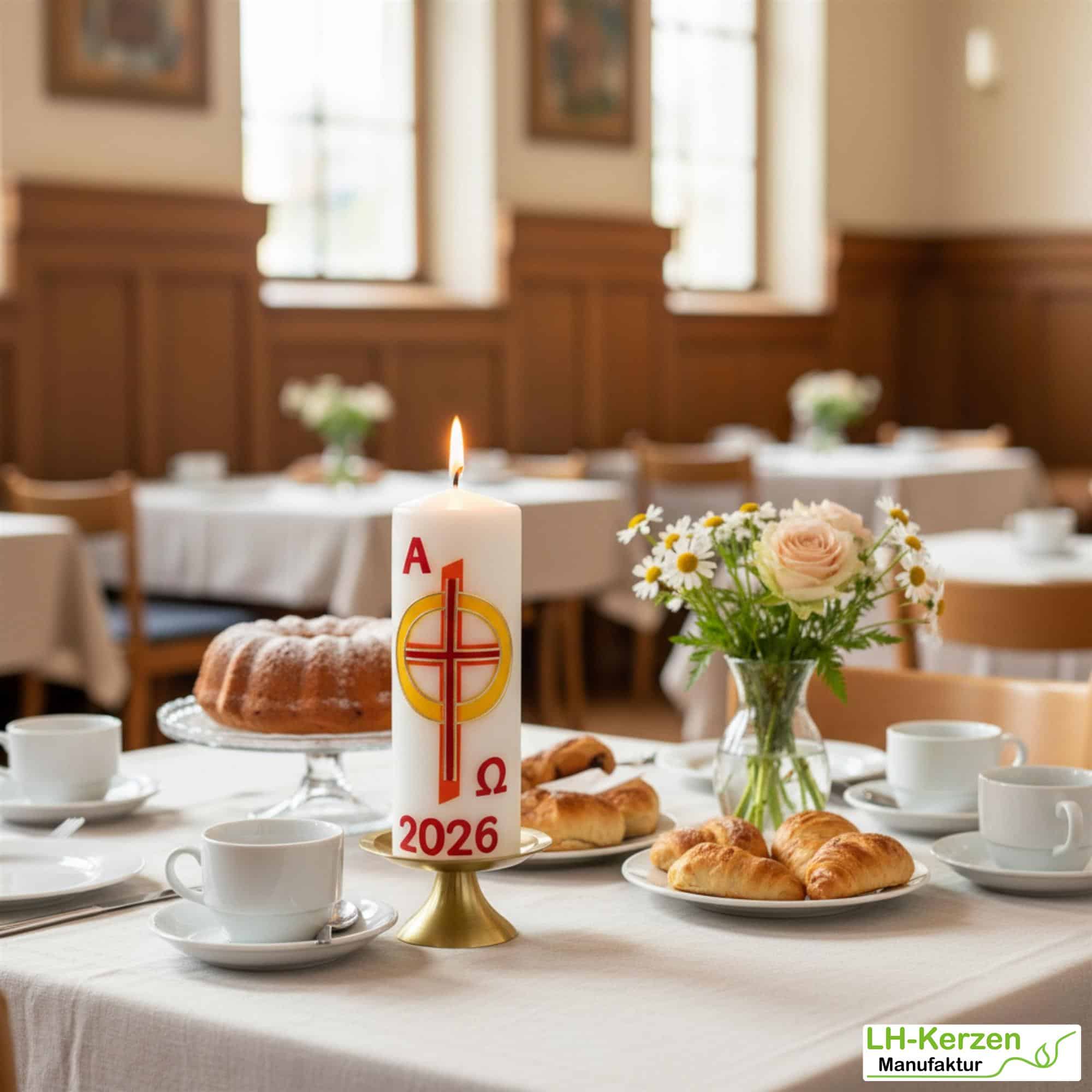 Feuer des Glaubens – handverzierte religiöse Osterkerze mit Kreuz und goldgelbem Sonnenring