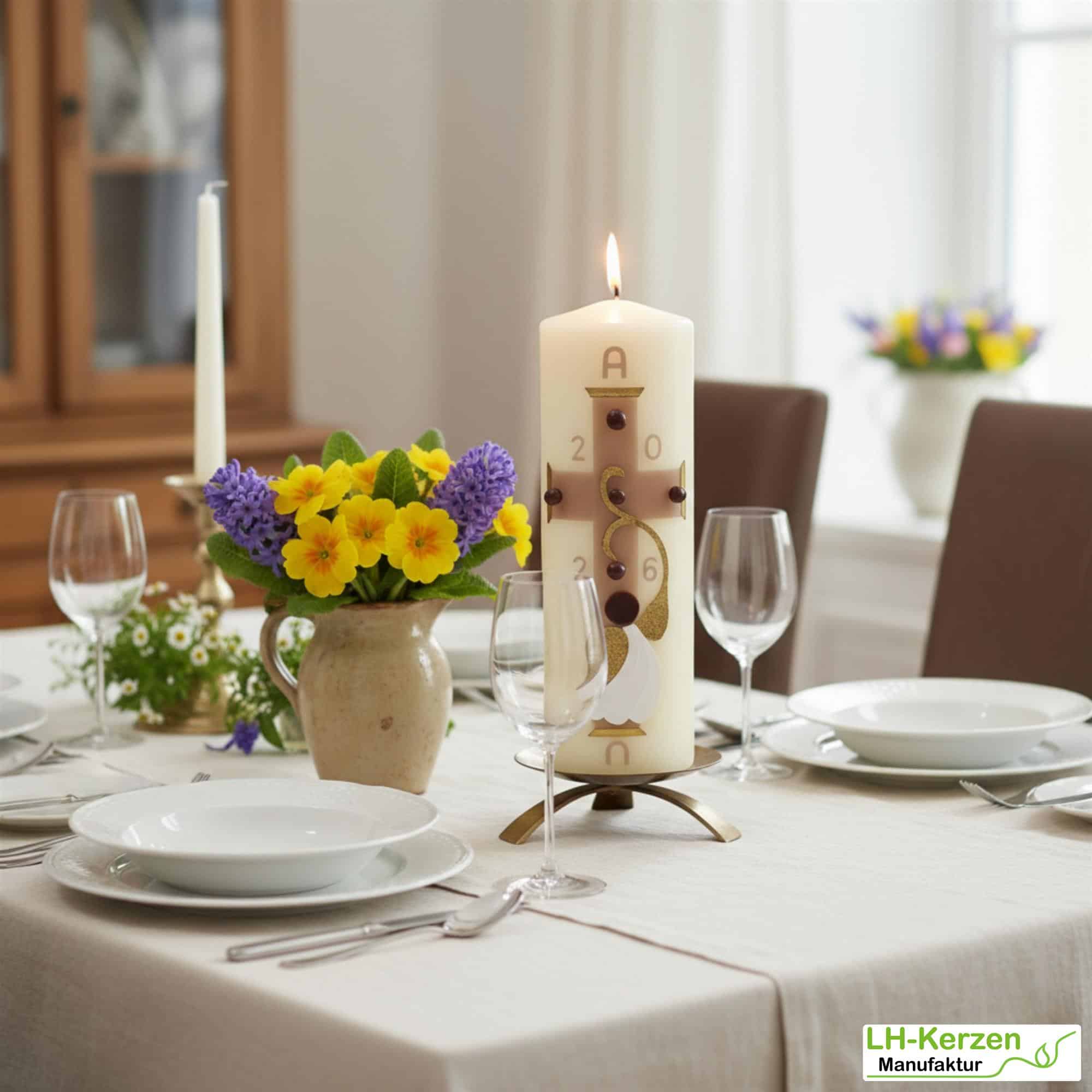 Engel des Lichts – Osterkerze handverziert, christlich mit Engel mit goldenen Flügeln und Kreuz