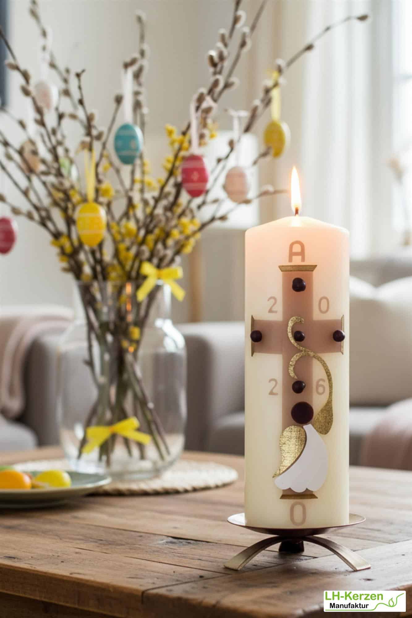 Engel des Lichts – Osterkerze handverziert, christlich mit Engel mit goldenen Flügeln und Kreuz