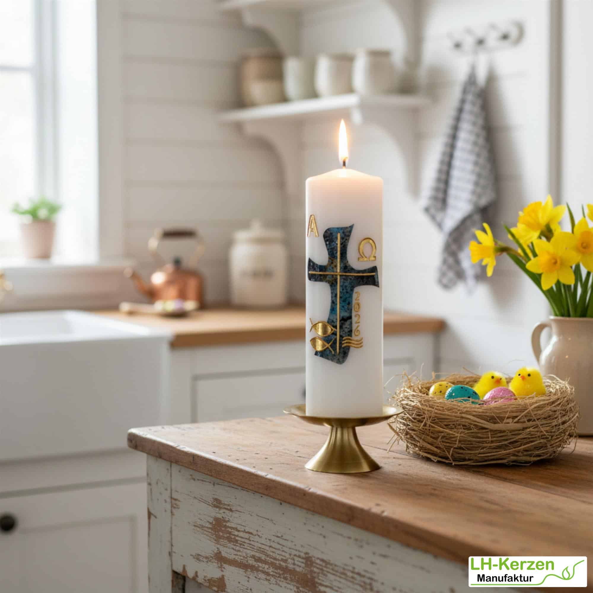 Kraft des Glaubens - Christliche Osterkerze mit marmoriertem Kreuz in verschiedenen Blautönen