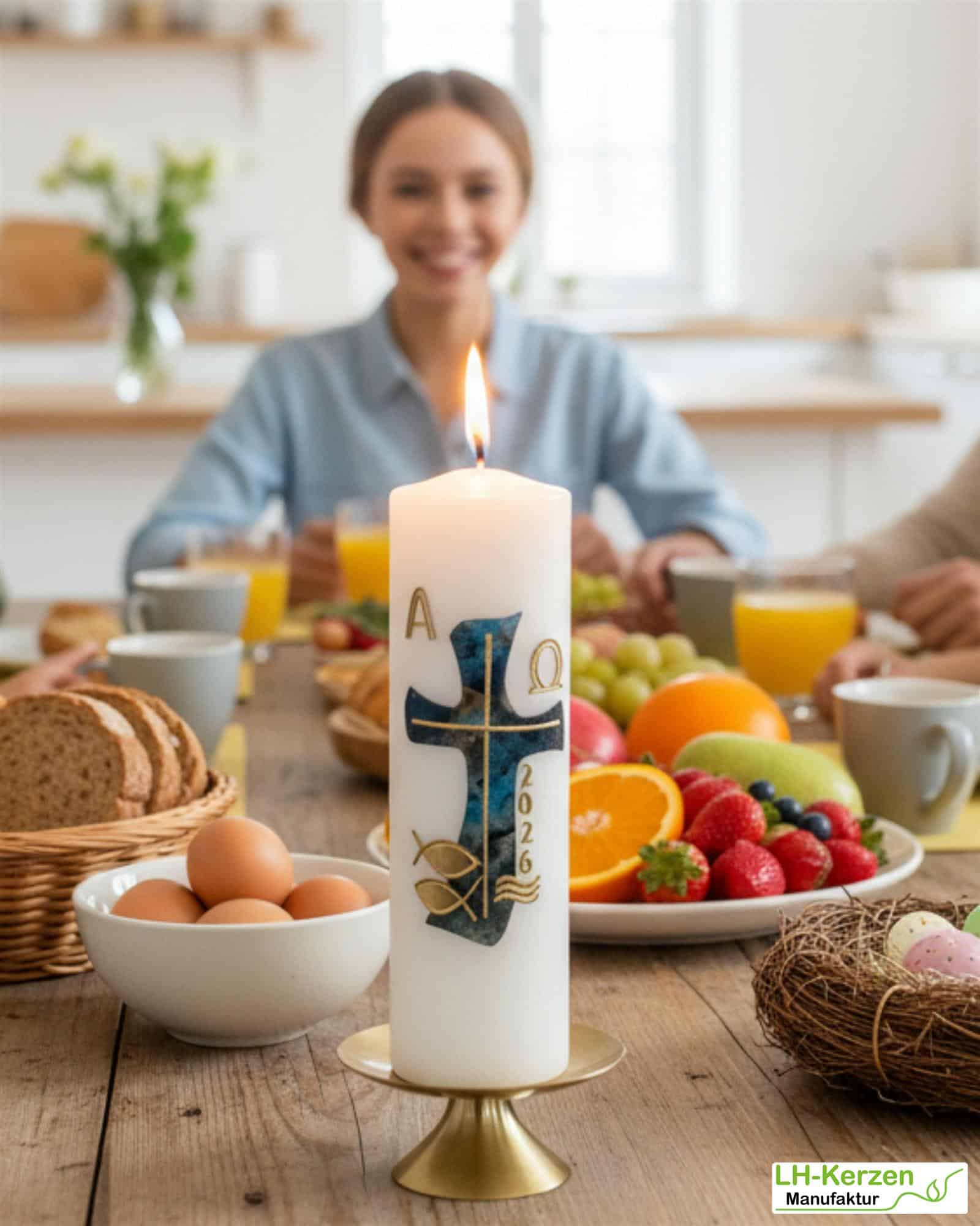 Kraft des Glaubens - Christliche Osterkerze mit marmoriertem Kreuz in verschiedenen Blautönen