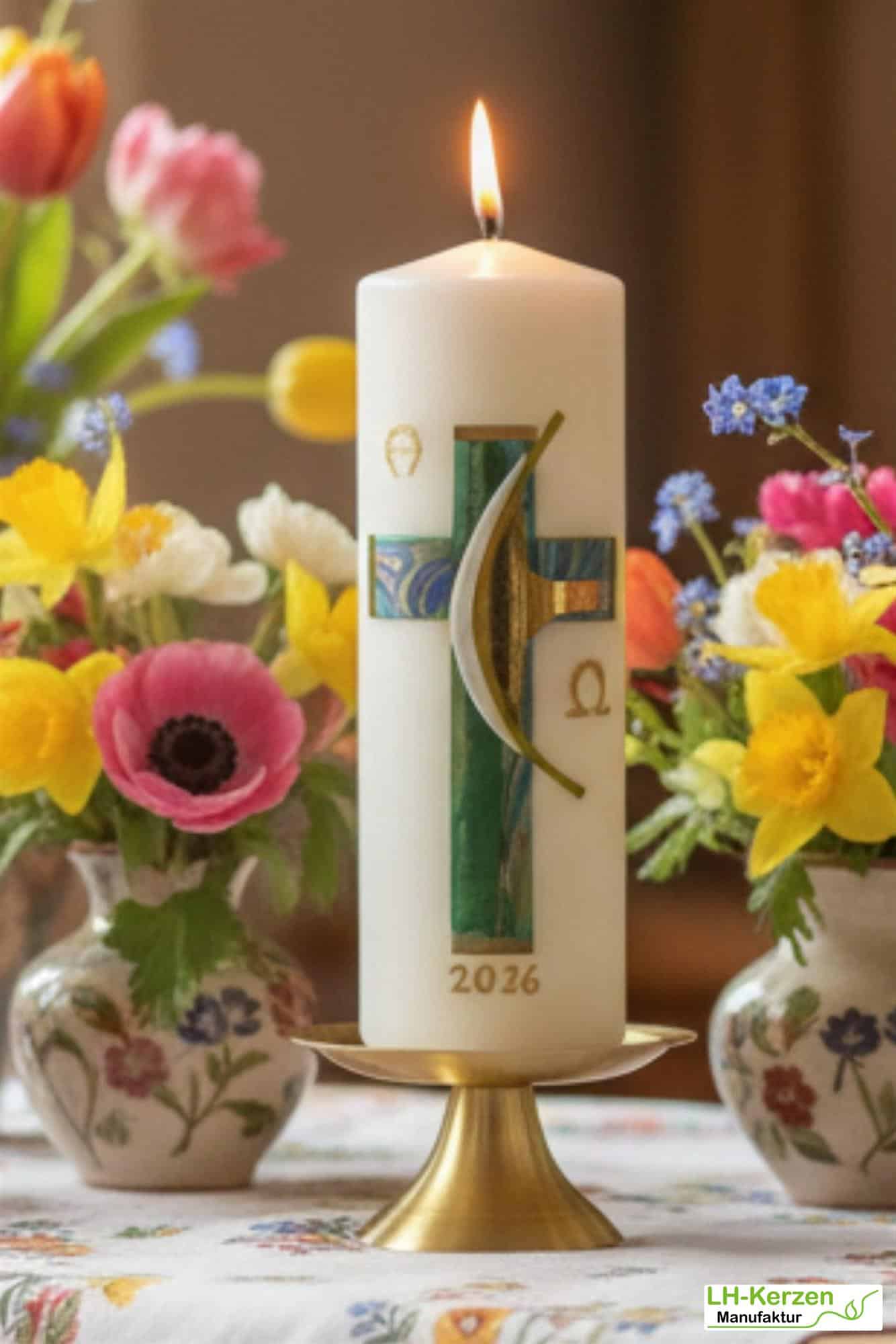 Weg des Glaubens – Klassische Osterkerze mit Kreuz & Alpha Omega, handverziert, christlich