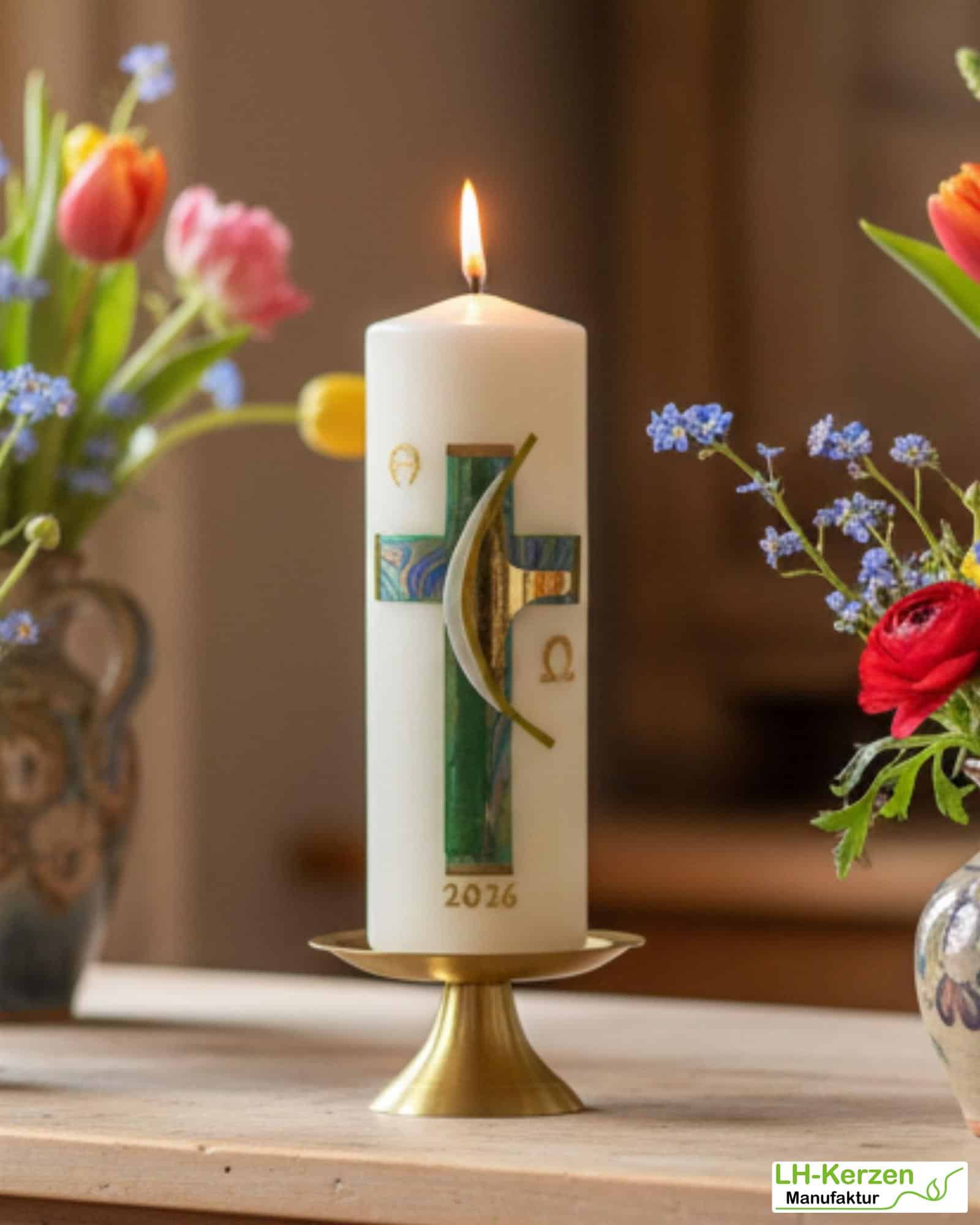 Weg des Glaubens – Klassische Osterkerze mit Kreuz & Alpha Omega, handverziert, christlich