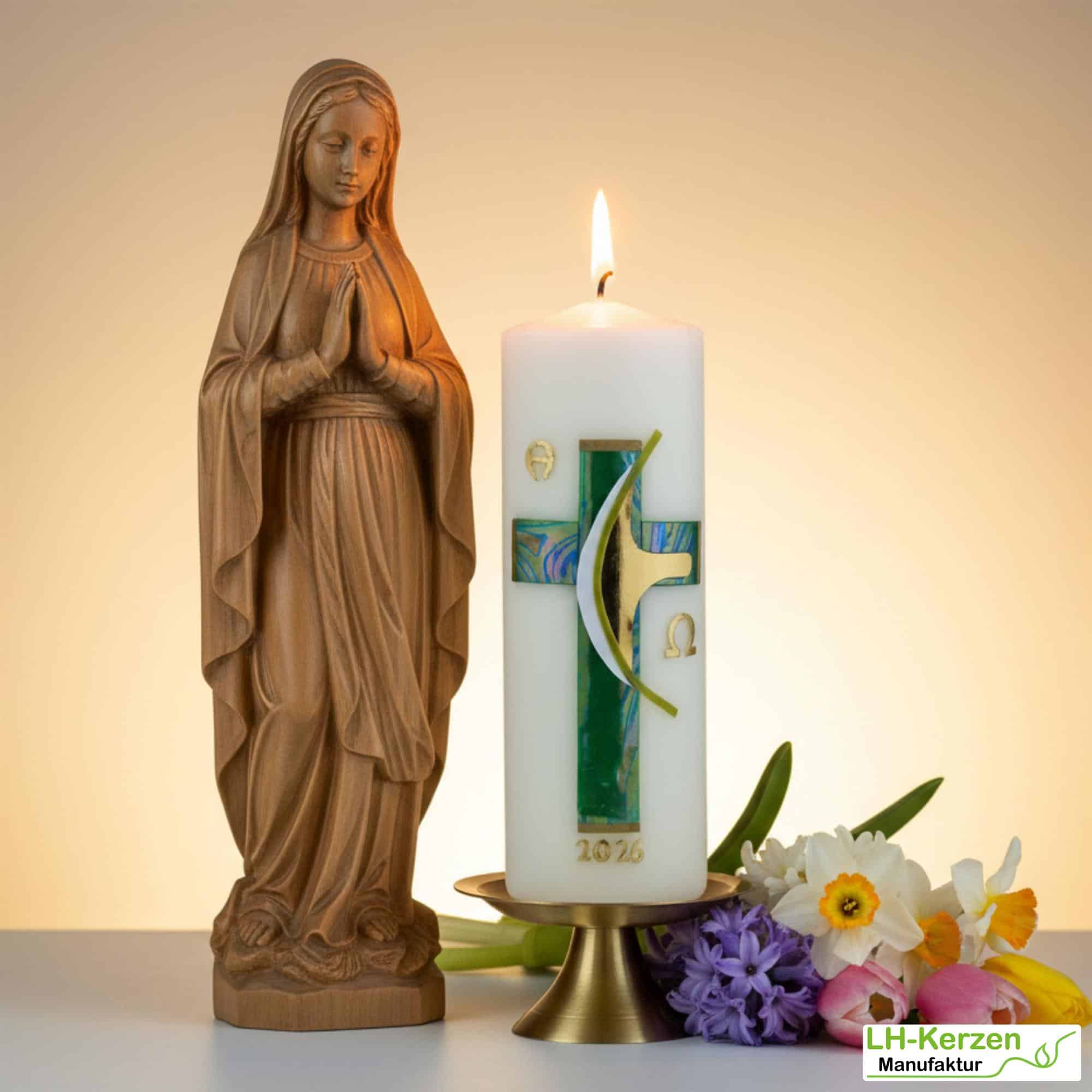 Weg des Glaubens – Klassische Osterkerze mit Kreuz & Alpha Omega, handverziert, christlich