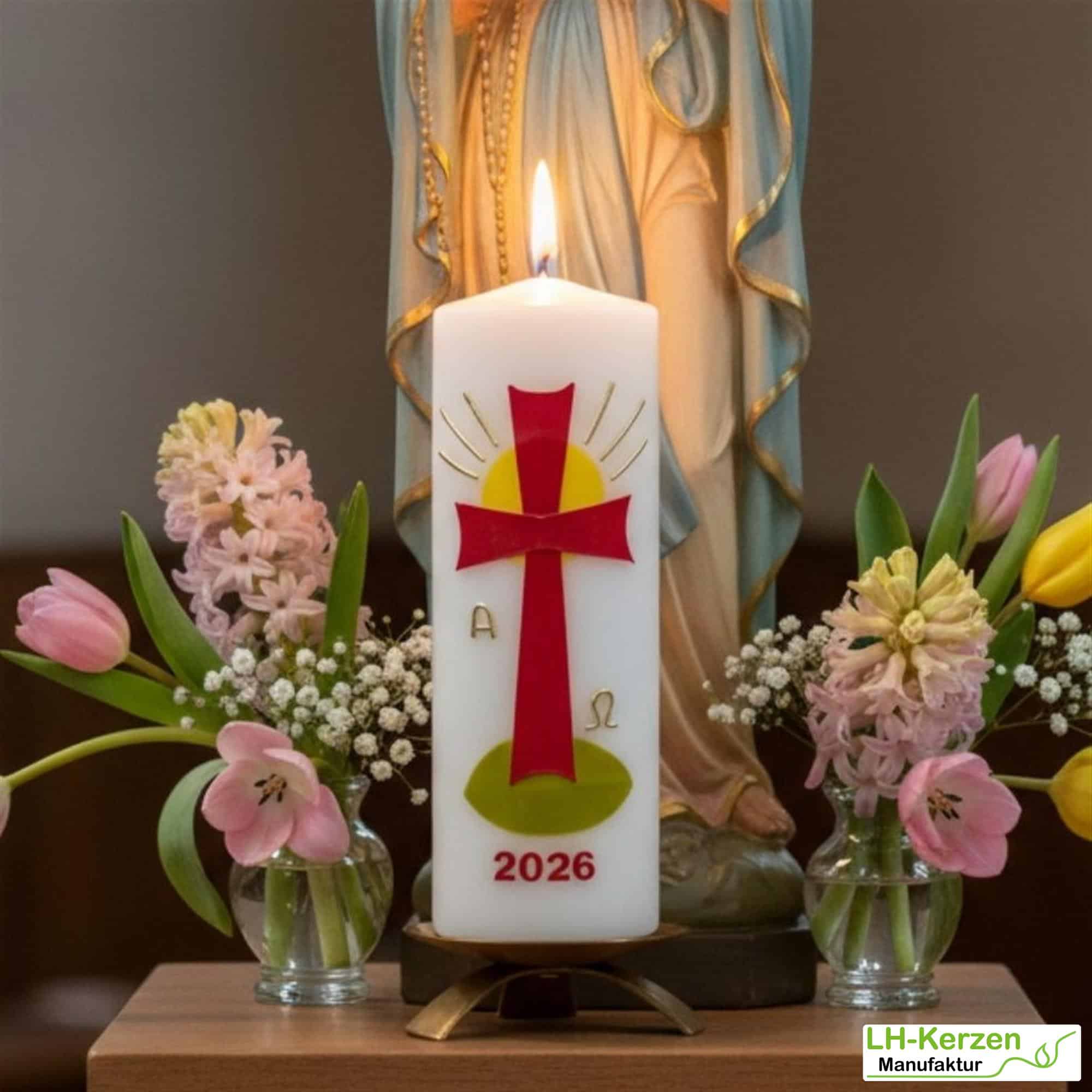 Strahl des Lebens – Handverzierte Osterkerze mit Kreuz, Sonne, Alpha & Omega