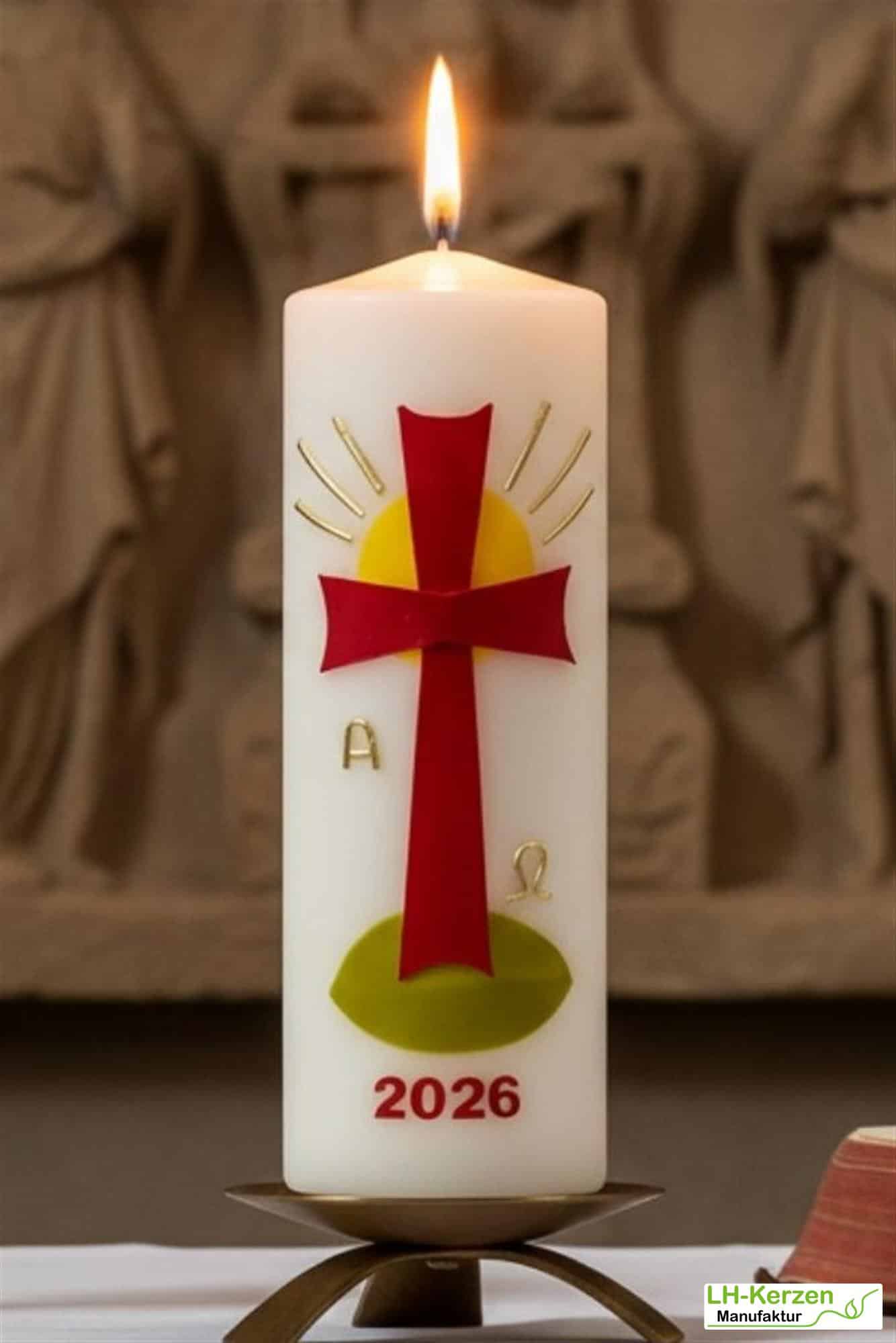 Strahl des Lebens – Handverzierte Osterkerze mit Kreuz, Sonne, Alpha & Omega