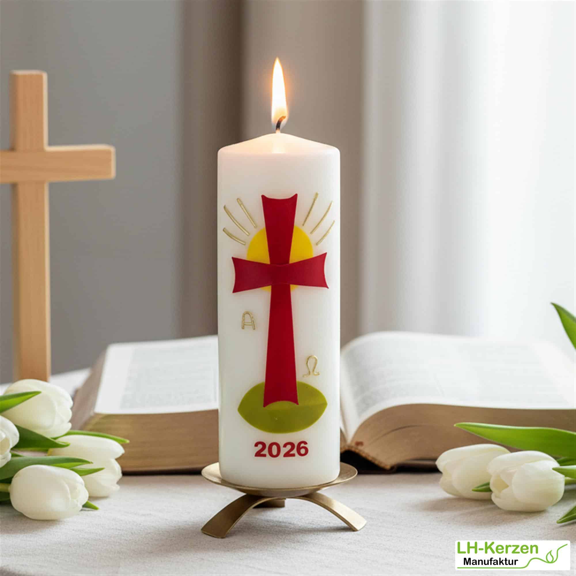 Strahl des Lebens – Handverzierte Osterkerze mit Kreuz, Sonne, Alpha & Omega