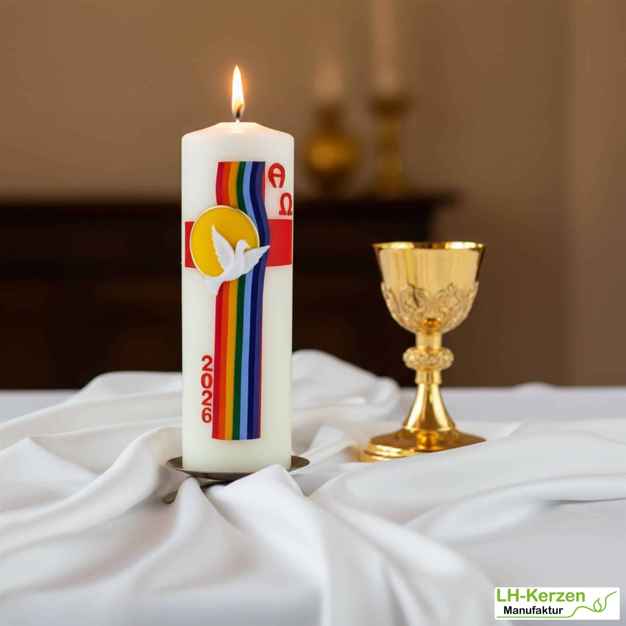 Bogen des Friedens – handverzierte Osterkerze mit Taube, Regenbogen und Alpha & Omega