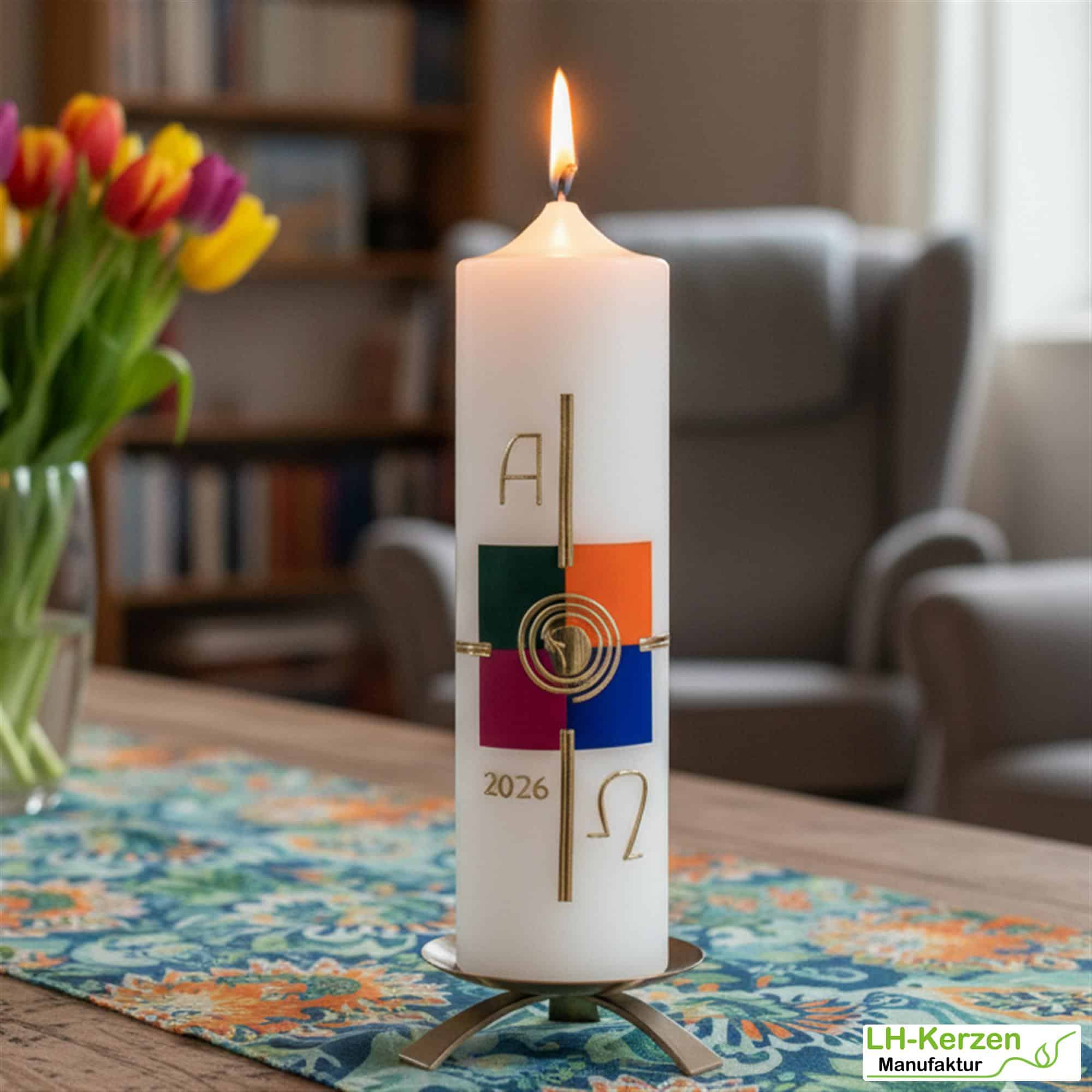 Glanz der Auferstehung – Handverzierte Osterkerze Kirche mit Kreuz, Sonne, 4 Kacheln, Alpha & Omega