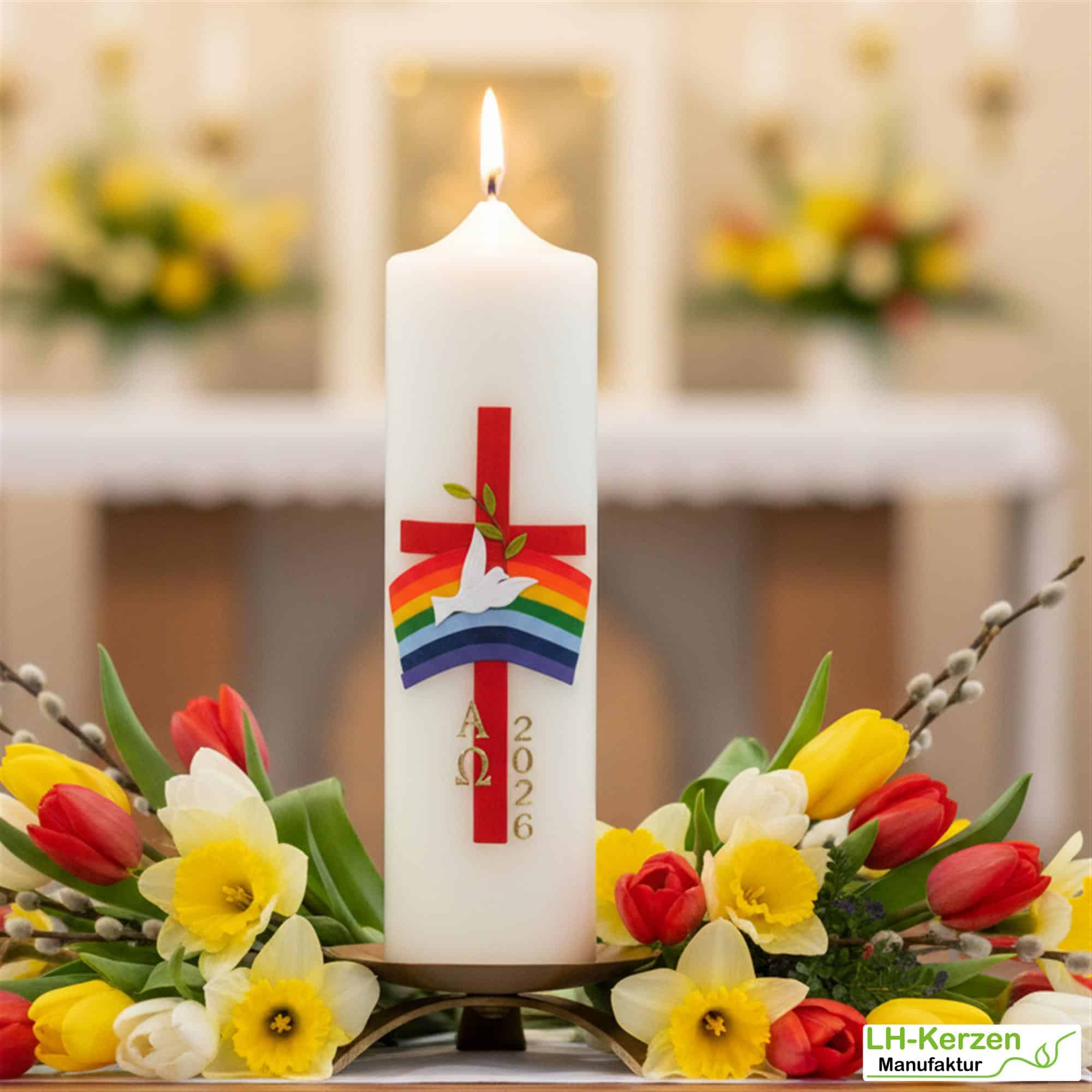 Bote des Friedens – handverzierte Osterkerze religiös mit Taube, Regenbogen und rotem Kreuz