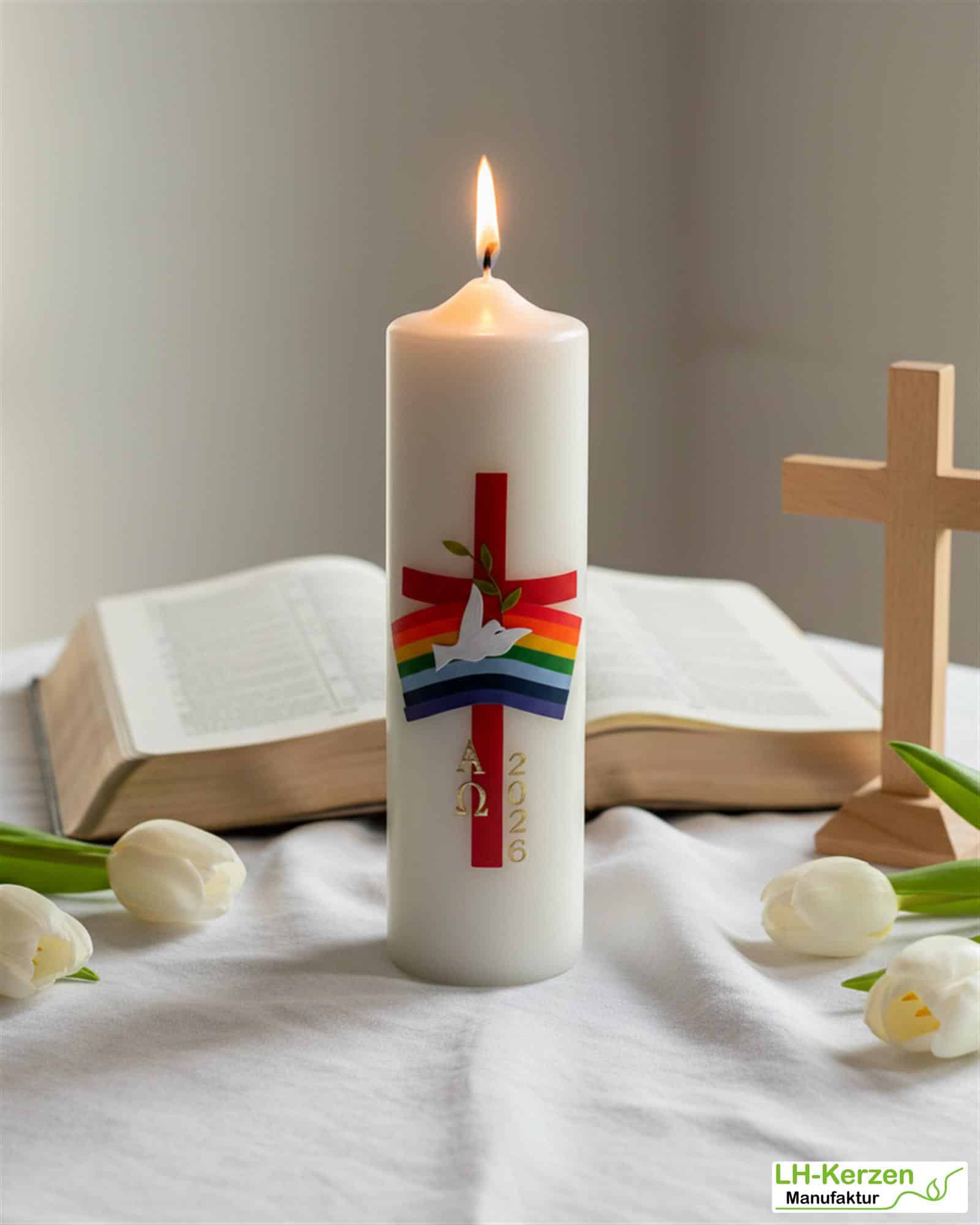 Bote des Friedens – handverzierte Osterkerze religiös mit Taube, Regenbogen und rotem Kreuz