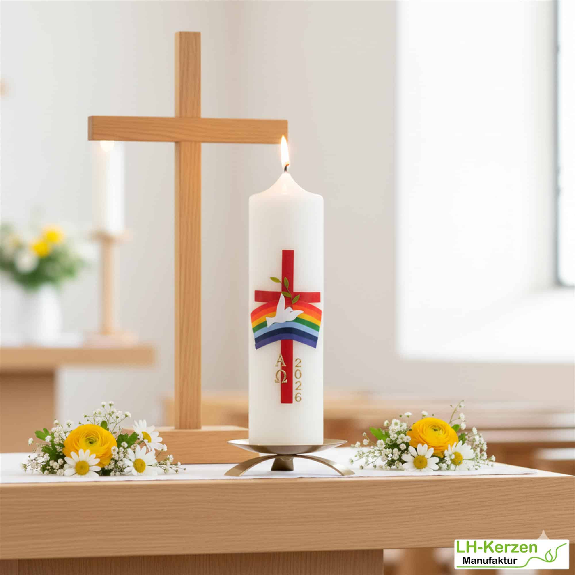 Bote des Friedens – handverzierte Osterkerze religiös mit Taube, Regenbogen und rotem Kreuz