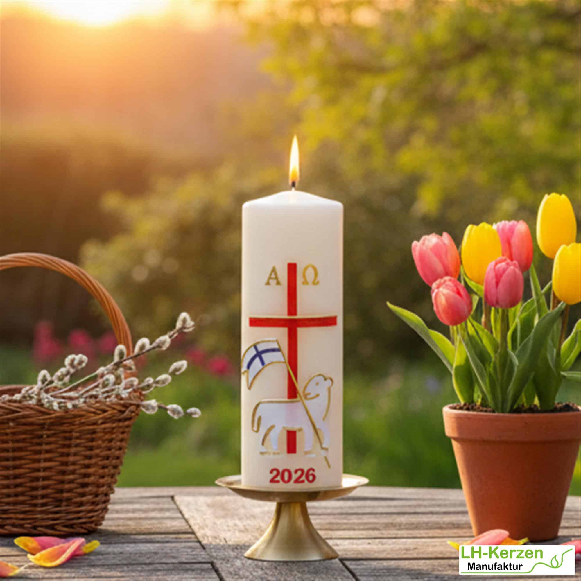 Lamm der Hoffnung – Handverzierte christliche Osterkerze mit Christuslamm, Kreuz und Alpha & Omega