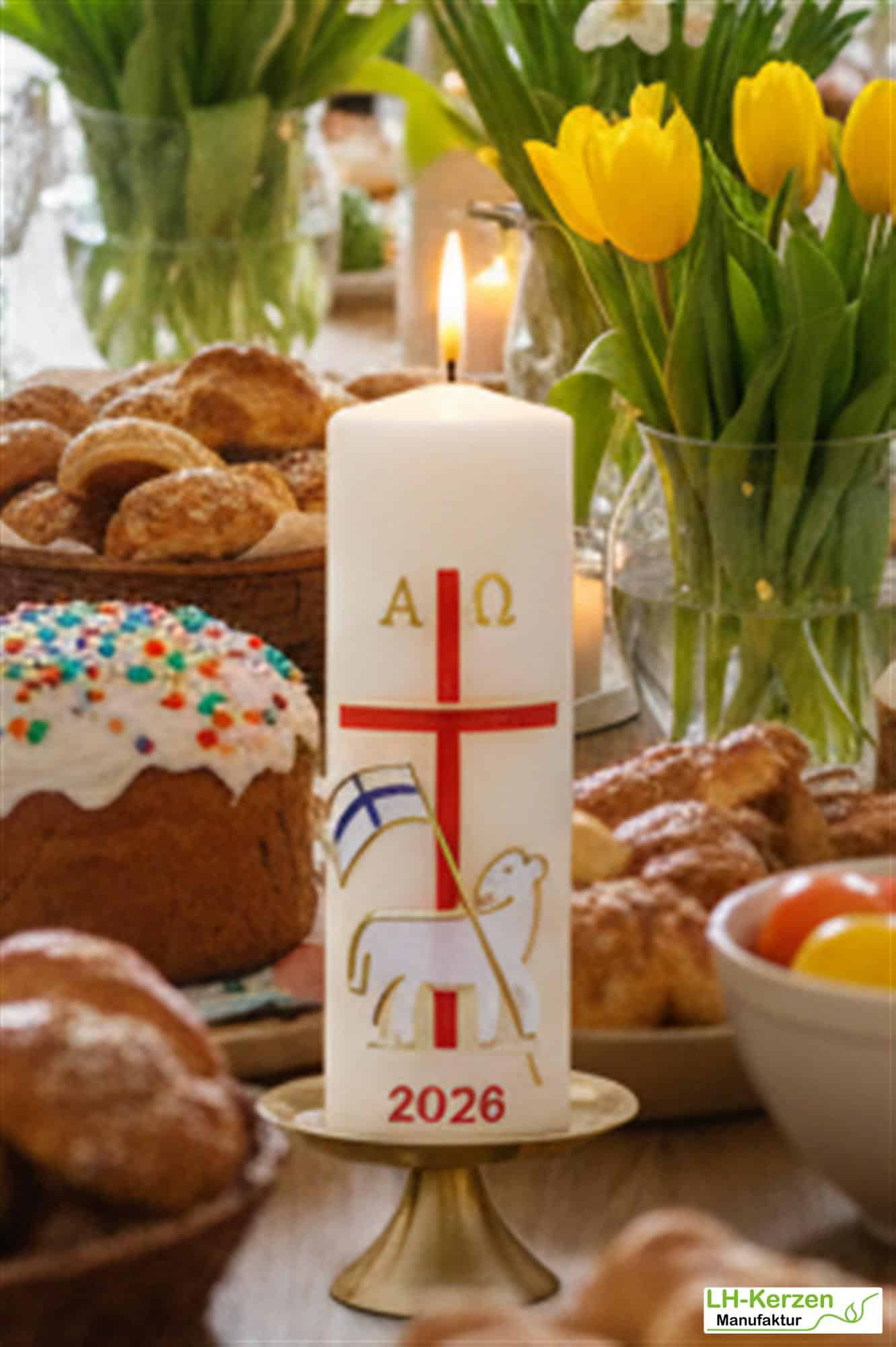 Lamm der Hoffnung – Handverzierte christliche Osterkerze mit Christuslamm, Kreuz und Alpha & Omega