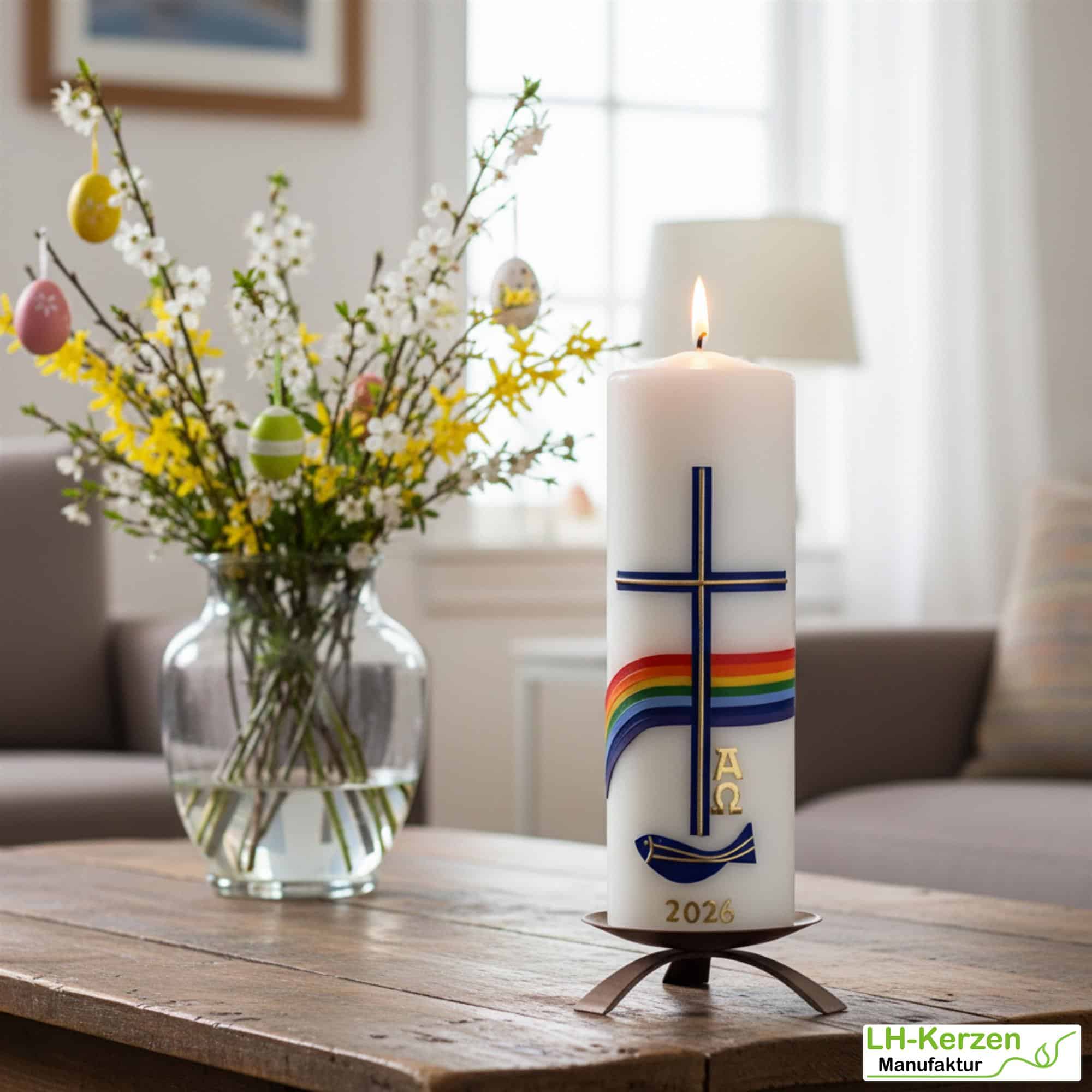 Friede sei mit Euch – christliche Osterkerze handverziert mit Fisch, Kreuz und Regenbogen