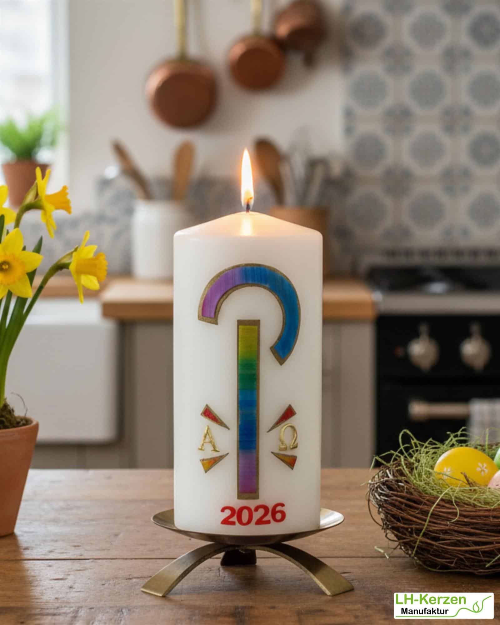 Friedenslicht Christi – Osterkerze christlich, handverziert mit Pax-Zeichen in Regenbogenfarben