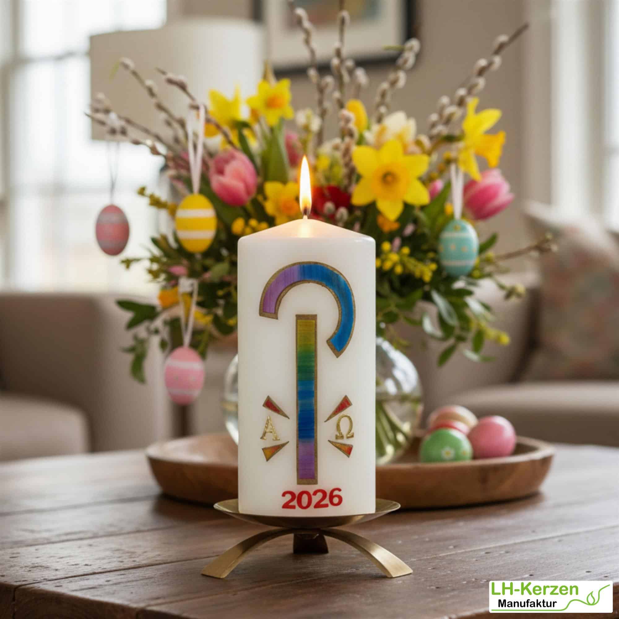Friedenslicht Christi – Osterkerze christlich, handverziert mit Pax-Zeichen in Regenbogenfarben