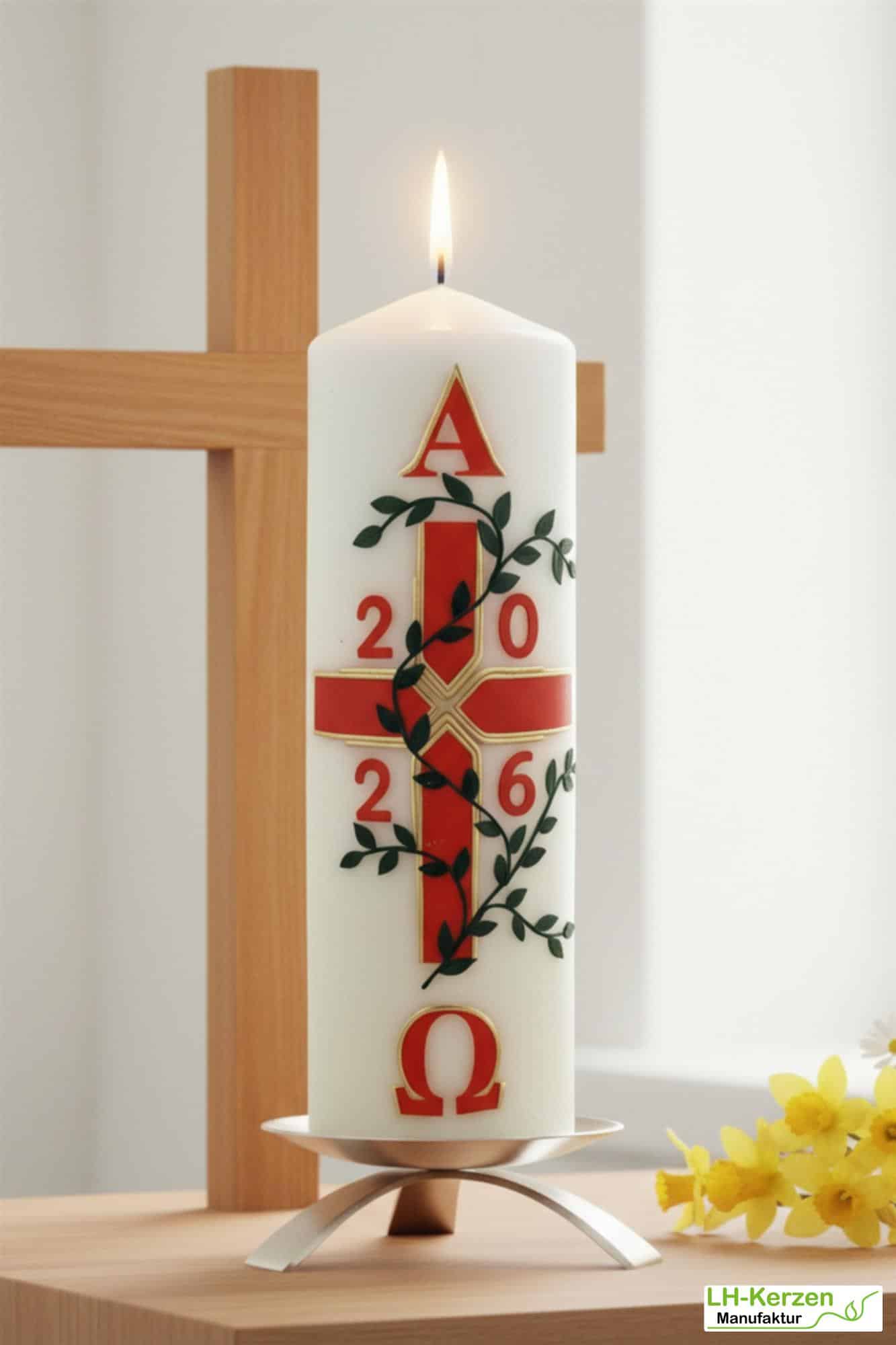 Garten des Lebens – festliche Osterkerze, handverziert mit Blumenranke, Kreuz, Alpha & Omega 300x80