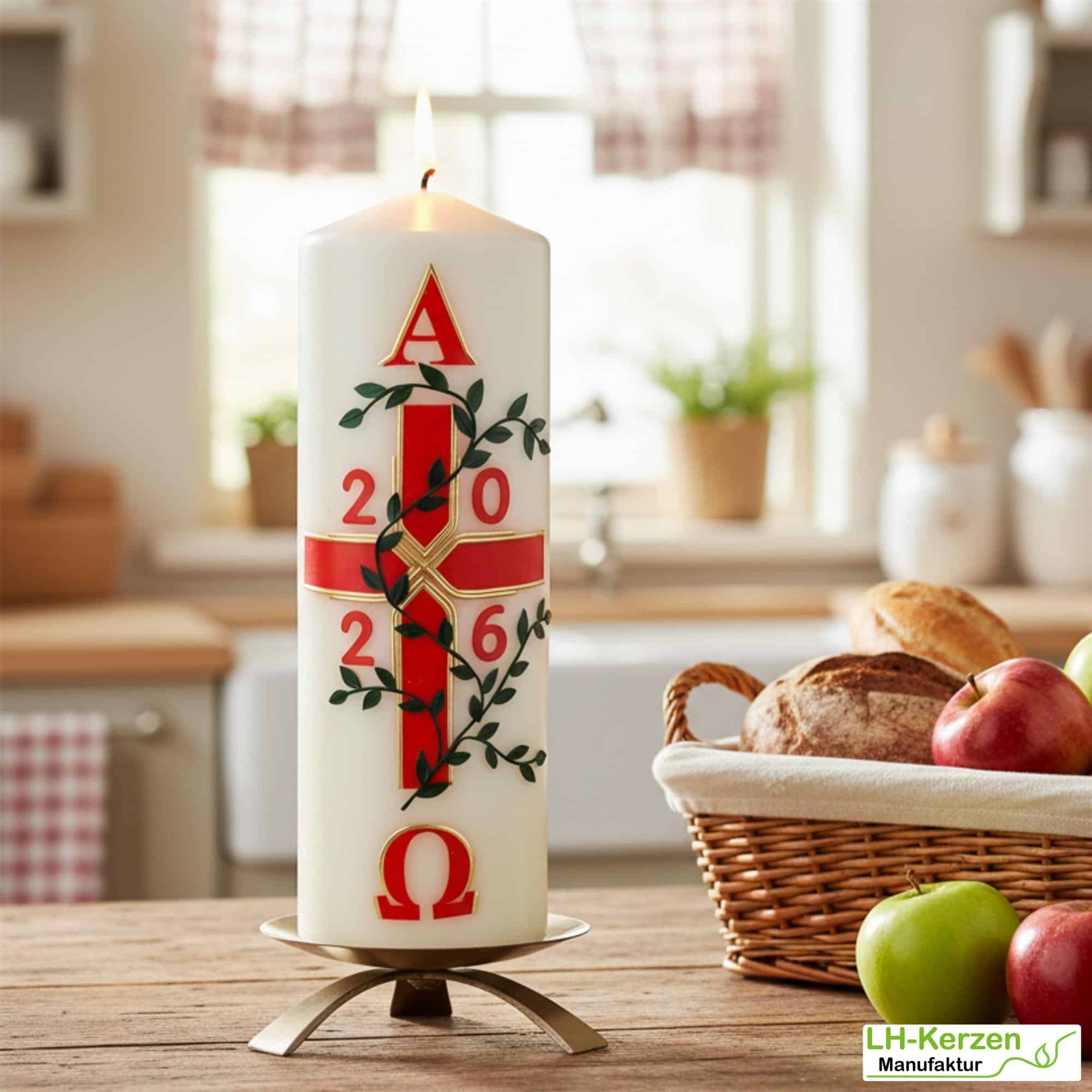 Garten des Lebens – festliche Osterkerze, handverziert mit Blumenranke, Kreuz, Alpha & Omega 300x80