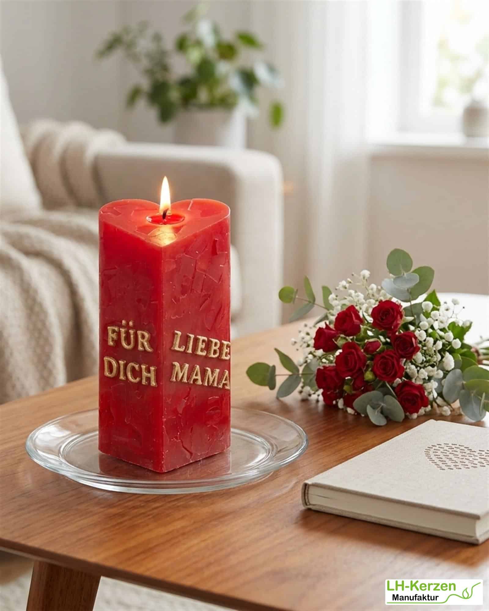 Muttertagsgeschenk für Mama – „Für Dich liebe Mama“ rote Herzkerze persönliches Geschenk