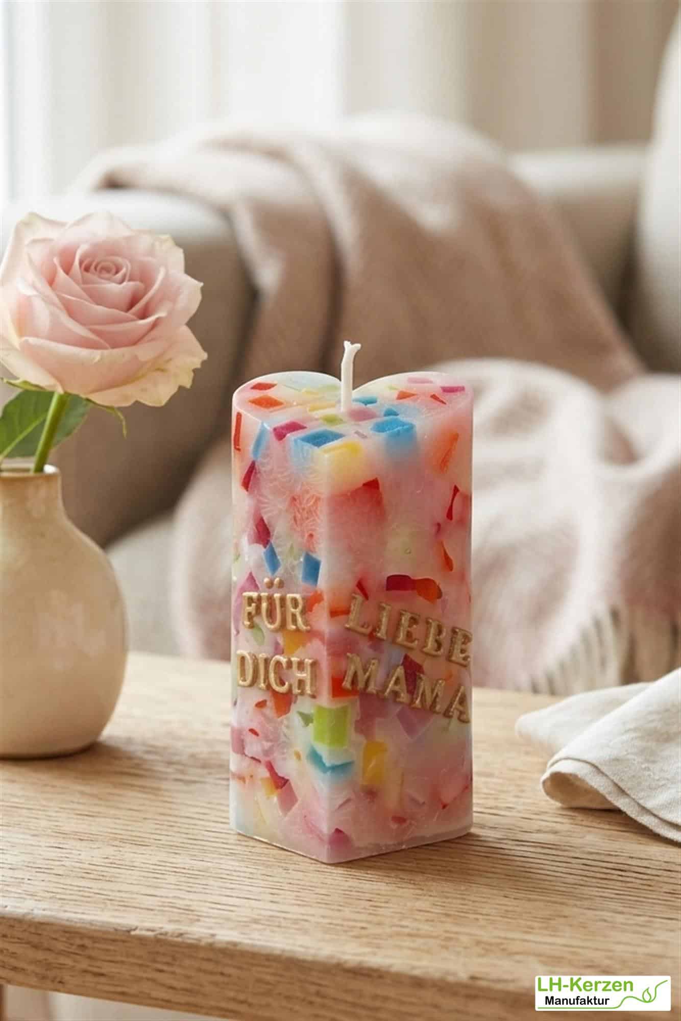 Originelles Muttertagsgeschenk – bunte Herzkerze „Für Dich liebe Mama“ persönliches Geschenk