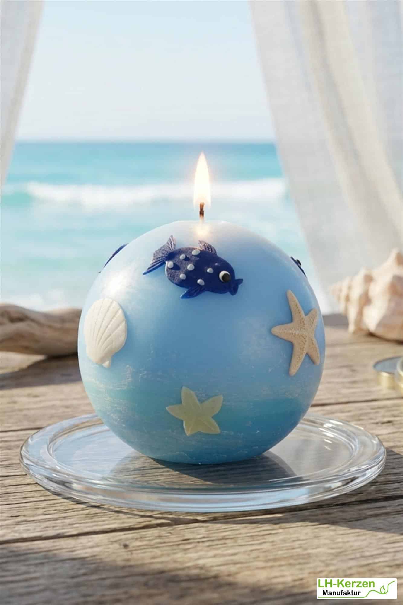 KK008_maritime Kerze Meeresbewohner Kugelkerze mit Fischen und Seesternen