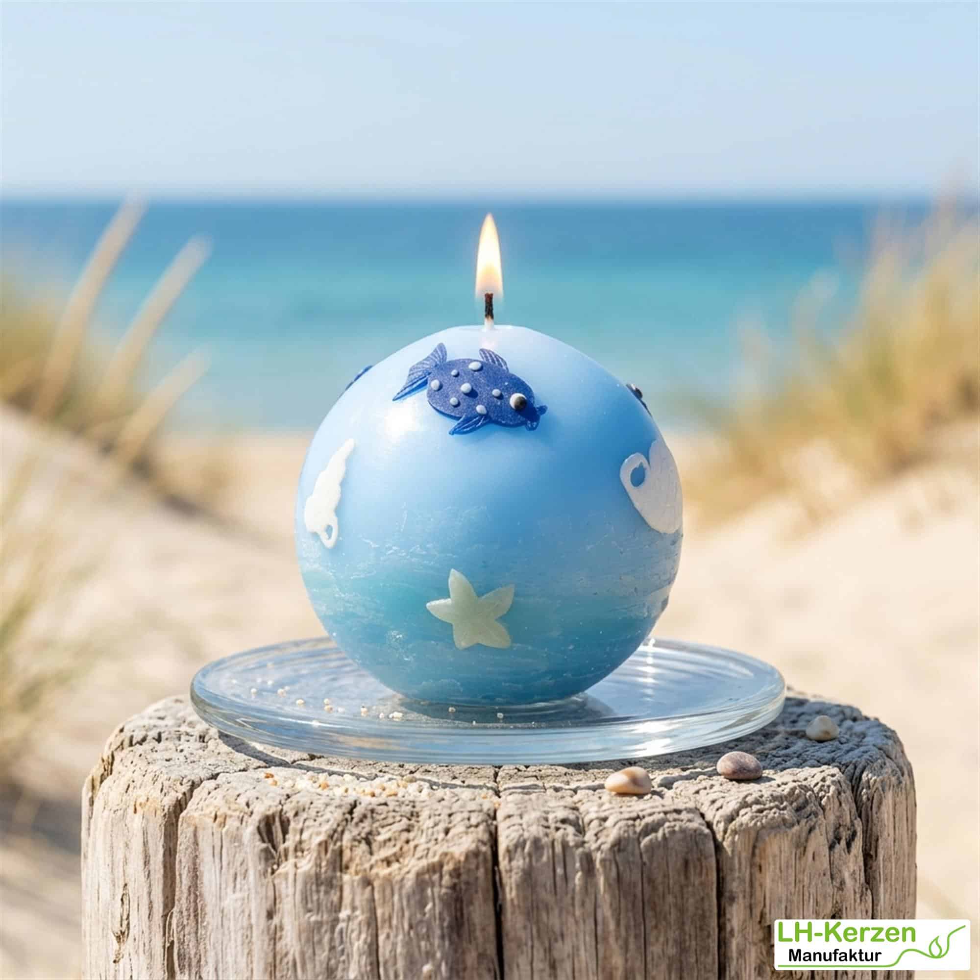KK008_maritime Kerze Meeresbewohner Kugelkerze mit Fischen und Seesternen