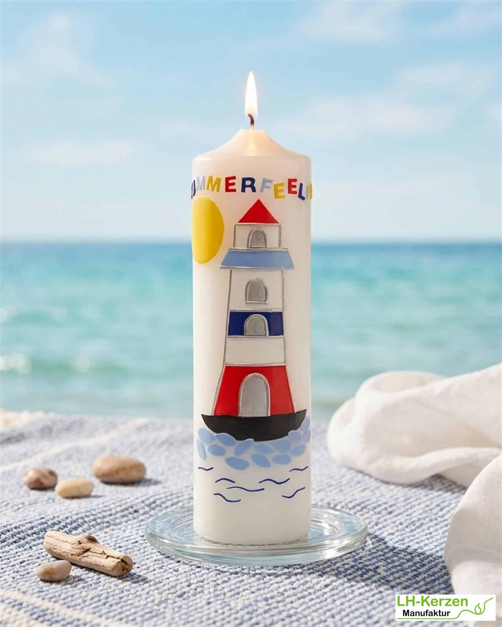 weiße maritime Kerze "Summerfeeling" mit Leuchtturm und Echtwachsbeschriftung