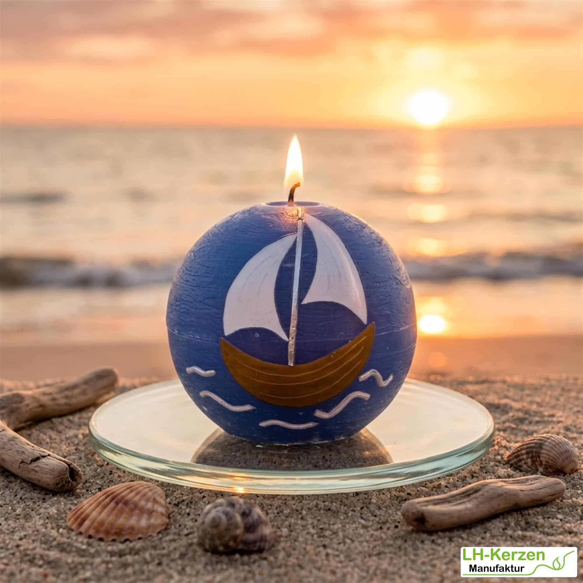 Kugelkerze mit Segelschiff – maritime Kerze in Blau, handverziert mit Wellenmotiv