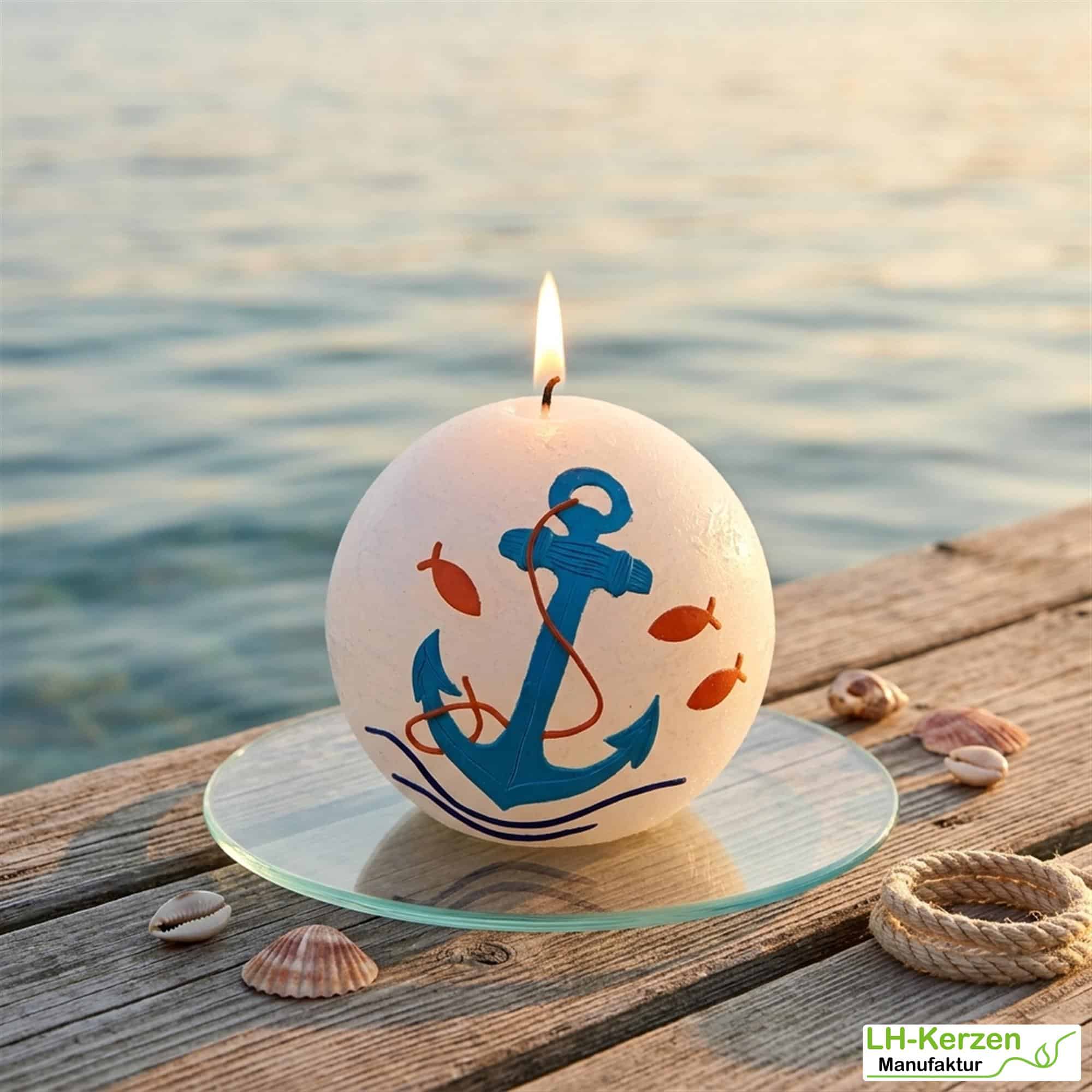 Kugelkerze mit Anker und Meeresmotiven – kleines maritimes Geschenk für Sommer & Urlaub