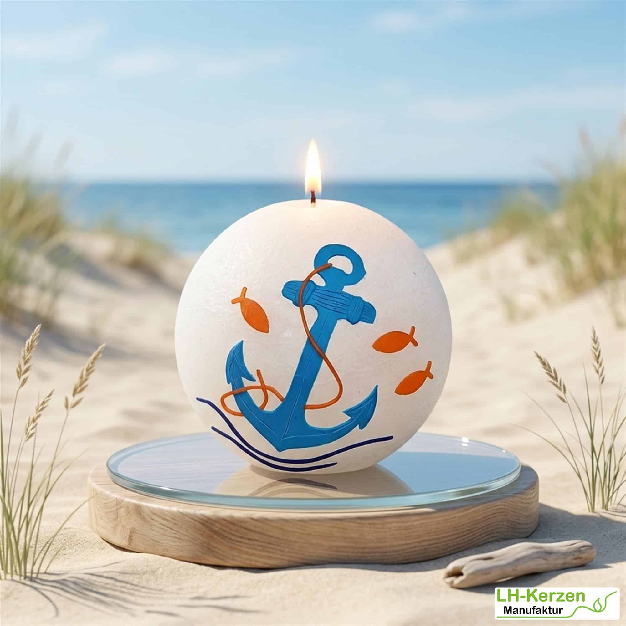 Kugelkerze mit Anker und Meeresmotiven – kleines maritimes Geschenk für Sommer & Urlaub