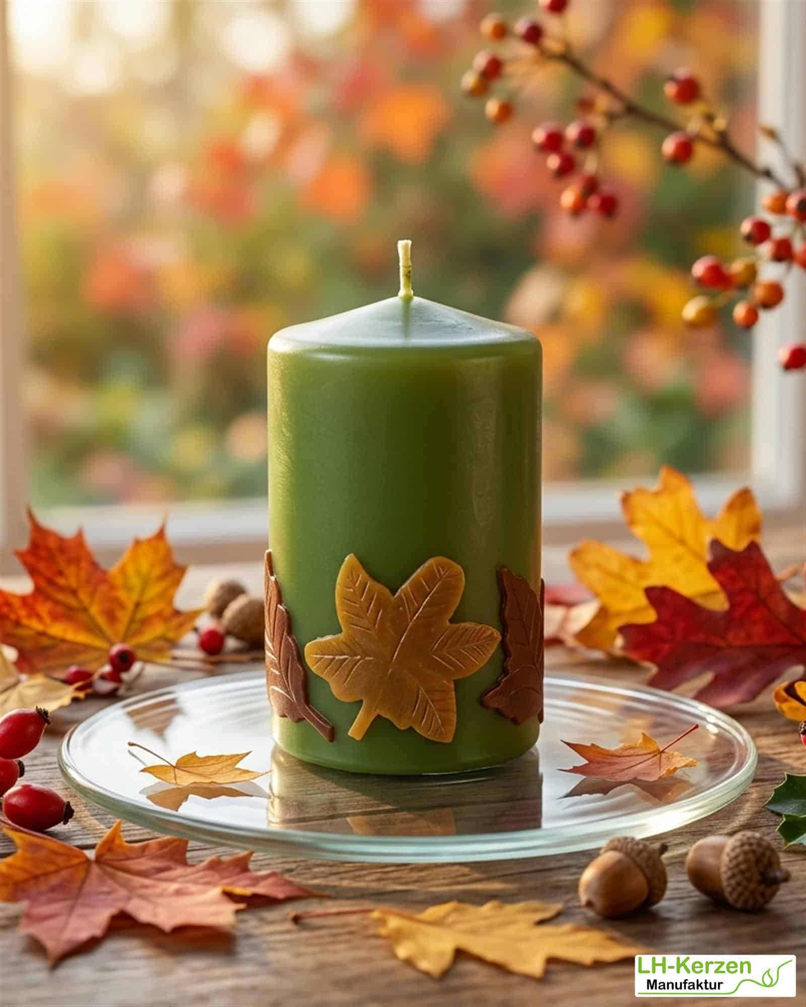 Herbstkerze mit farbigen Blättern – kompakte Dekoidee in Braun oder Oliv, personalisierbar