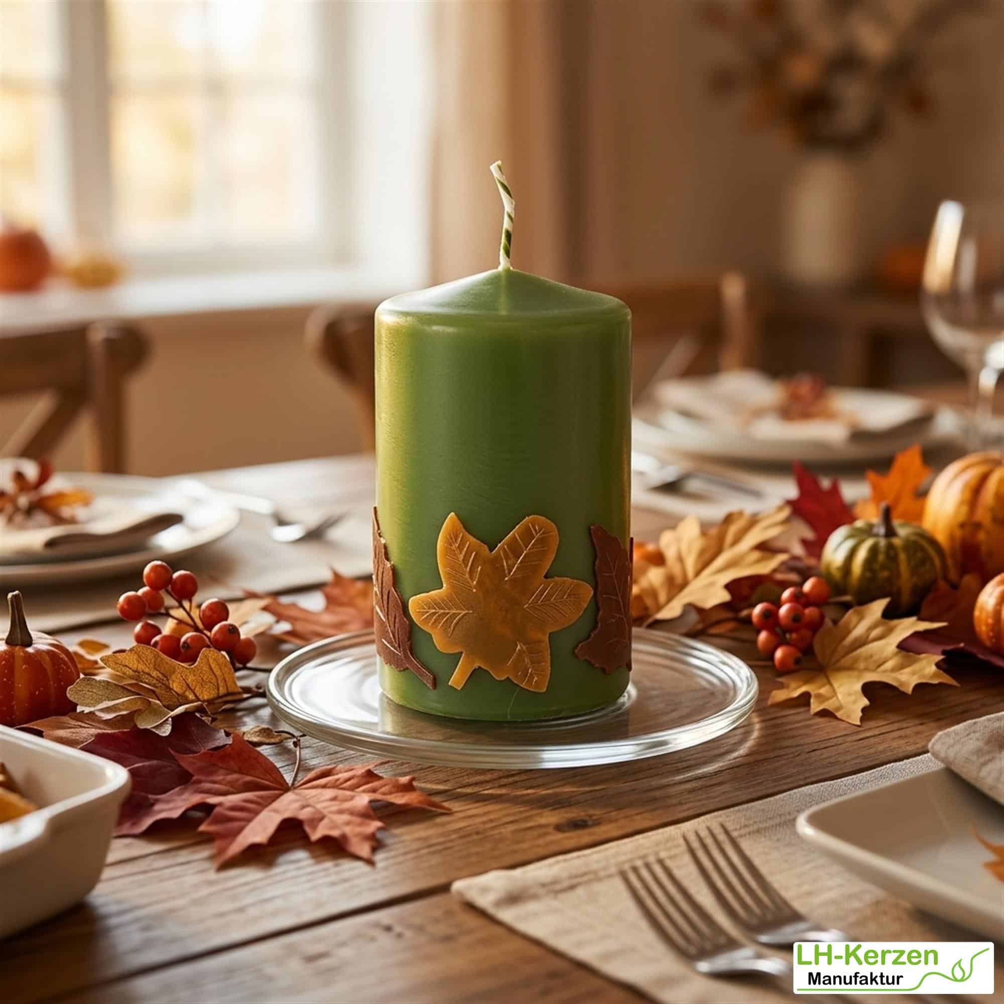 Herbstkerze mit farbigen Blättern – kompakte Dekoidee in Braun oder Oliv, personalisierbar