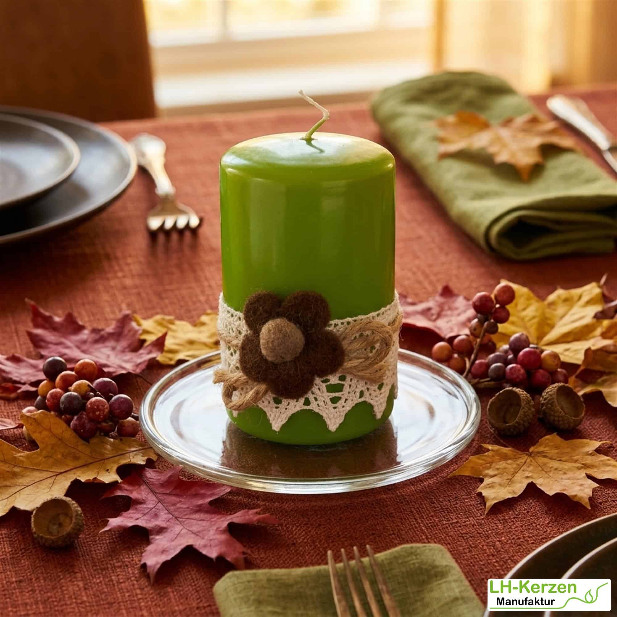 Herbstkerze Olivgrün mit brauner Filzblume auf Klöppelspitze – natürliche Herbstdeko im Landhausstil