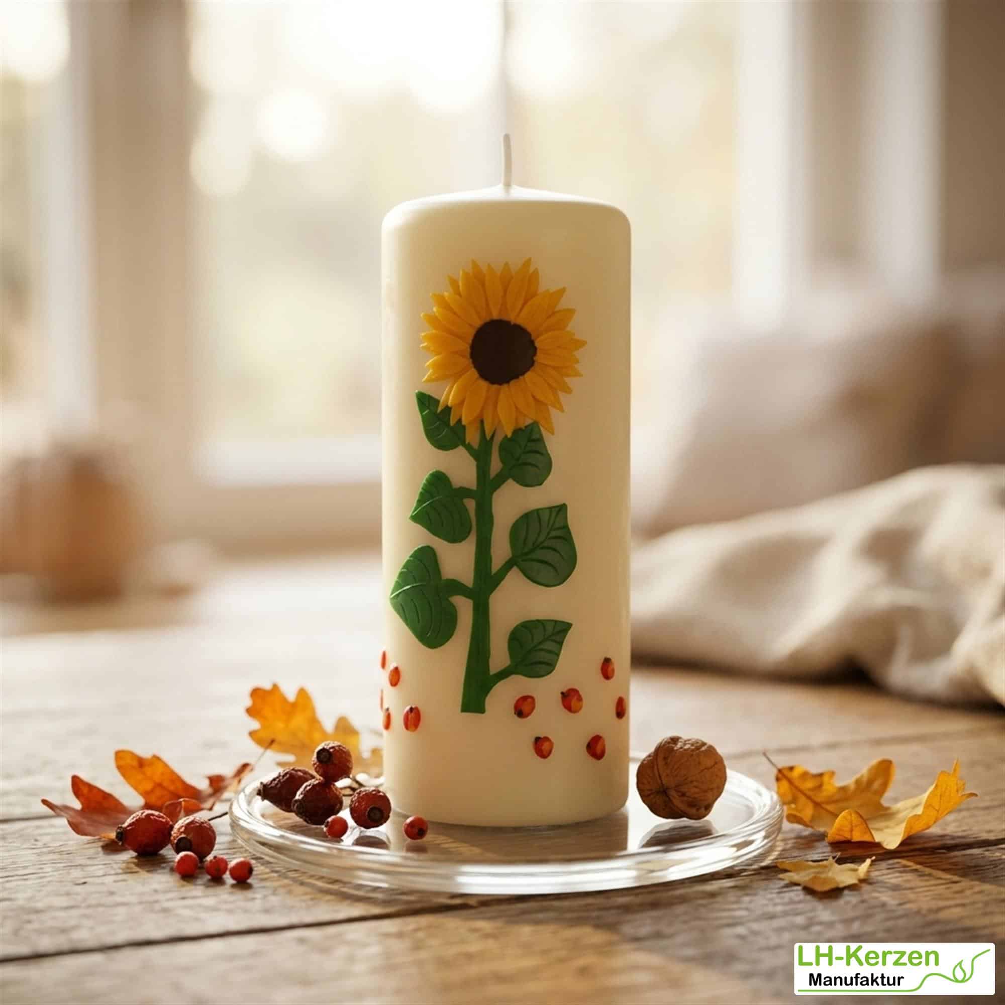 Herbstliche Kerze mit Sonnenblume und roten Äpfeln – liebevoll gestaltet, auch personalisierbar