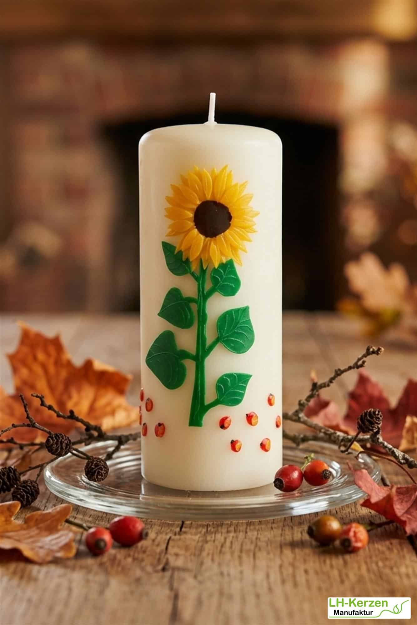 Herbstliche Kerze mit Sonnenblume und roten Äpfeln – liebevoll gestaltet, auch personalisierbar