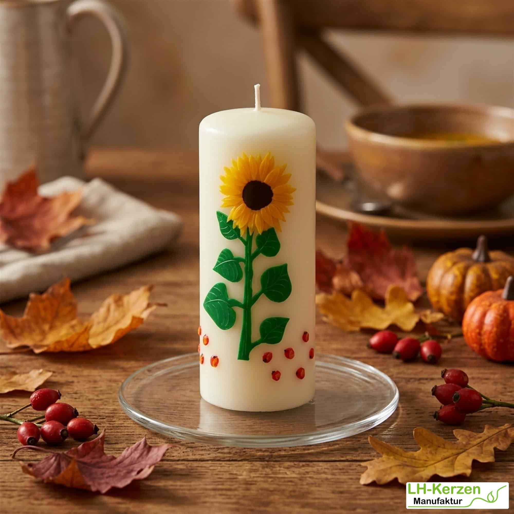 Herbstliche Kerze mit Sonnenblume und roten Äpfeln – liebevoll gestaltet, auch personalisierbar
