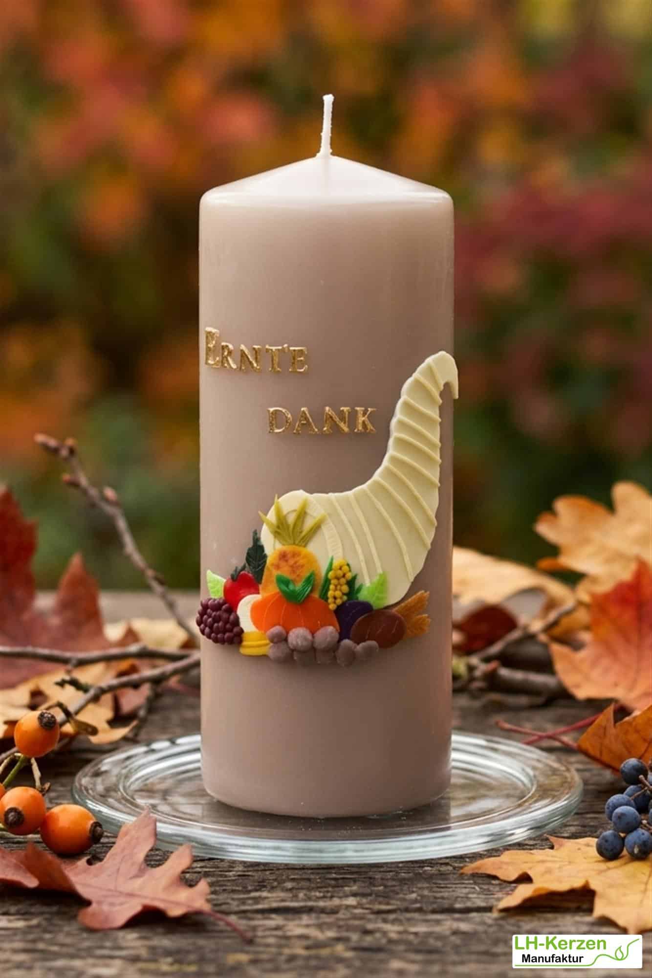 Herbstliche Erntedank-Kerze mit Füllhorn – liebevoll verziert, perfekt für Tisch oder Altar