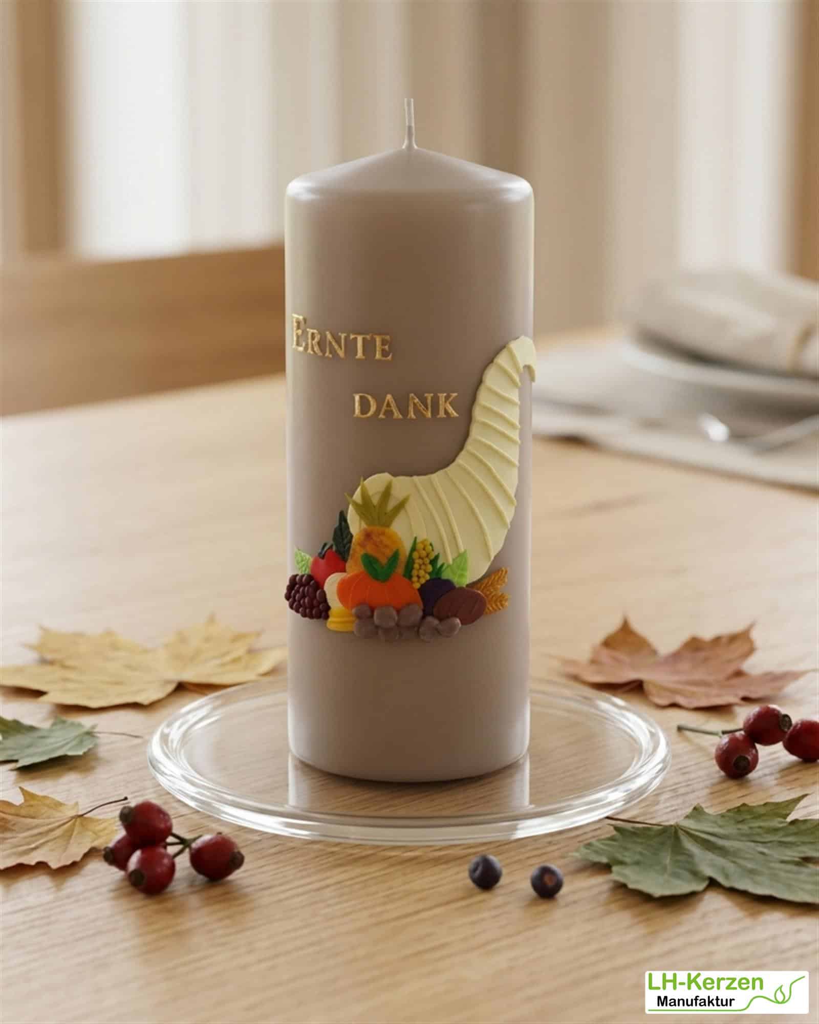 Herbstliche Erntedank-Kerze mit Füllhorn – liebevoll verziert, perfekt für Tisch oder Altar