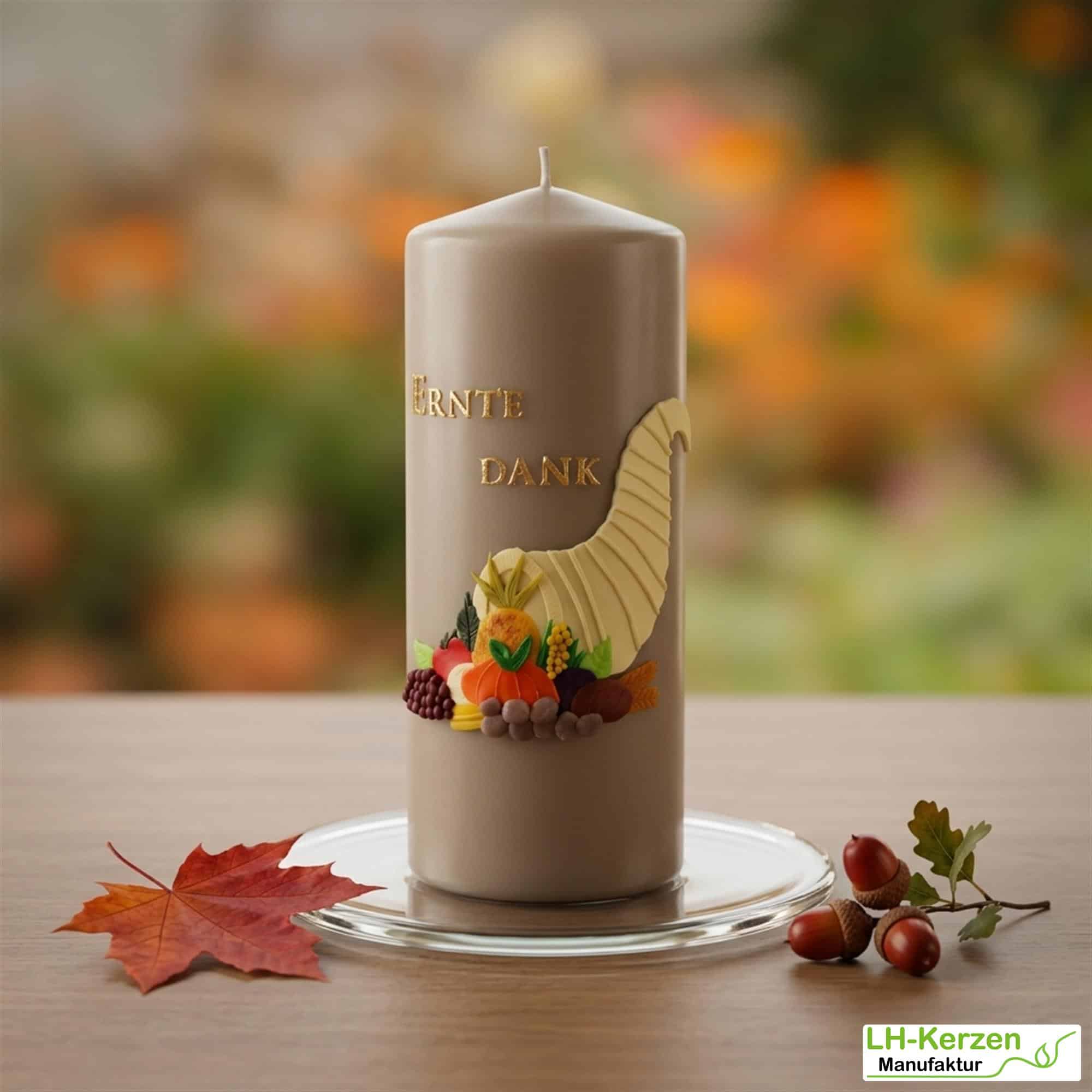 Herbstliche Erntedank-Kerze mit Füllhorn – liebevoll verziert, perfekt für Tisch oder Altar