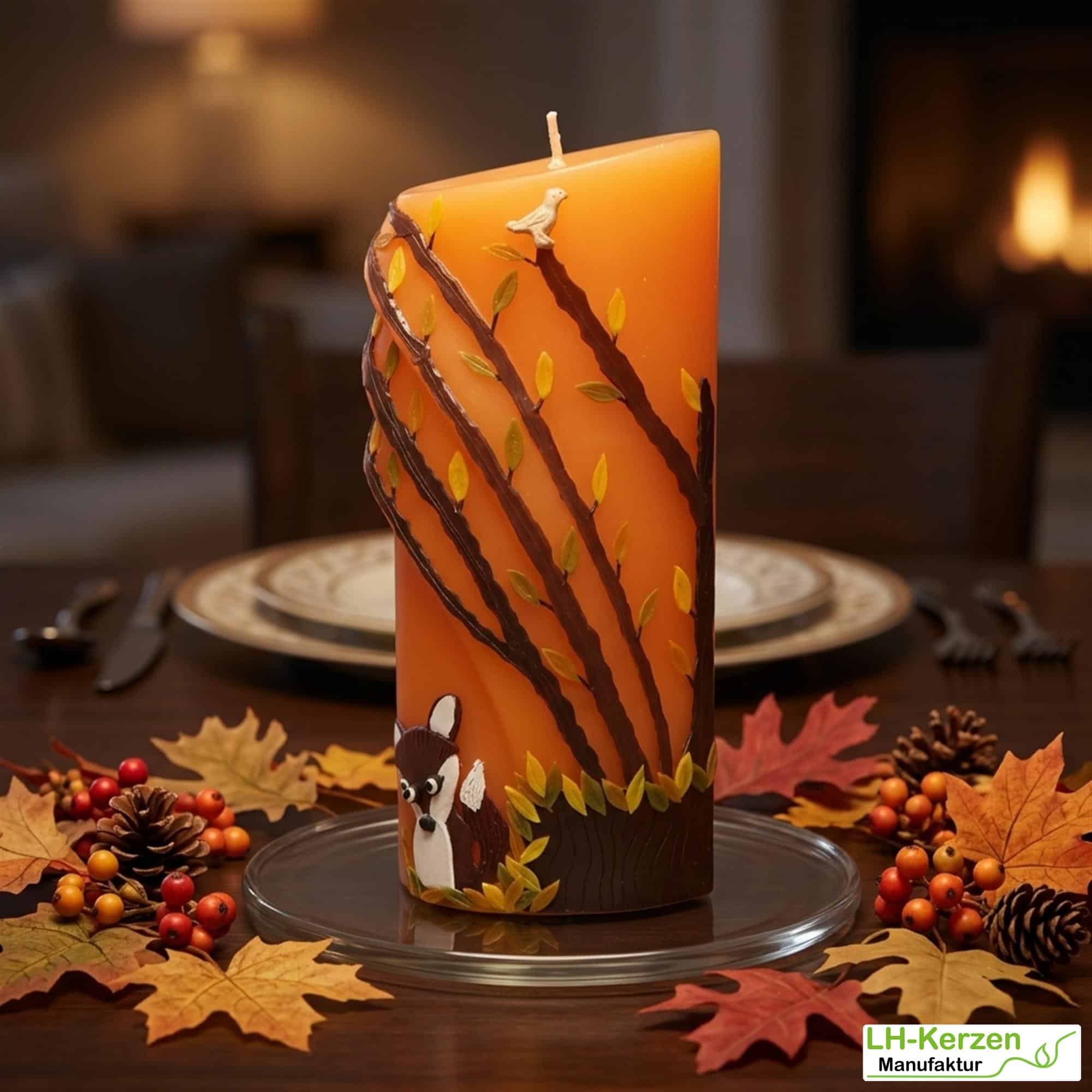 Herbstdeko orange Formkerze – handgegossenes Unikat mit Fuchs und Waldmotiv