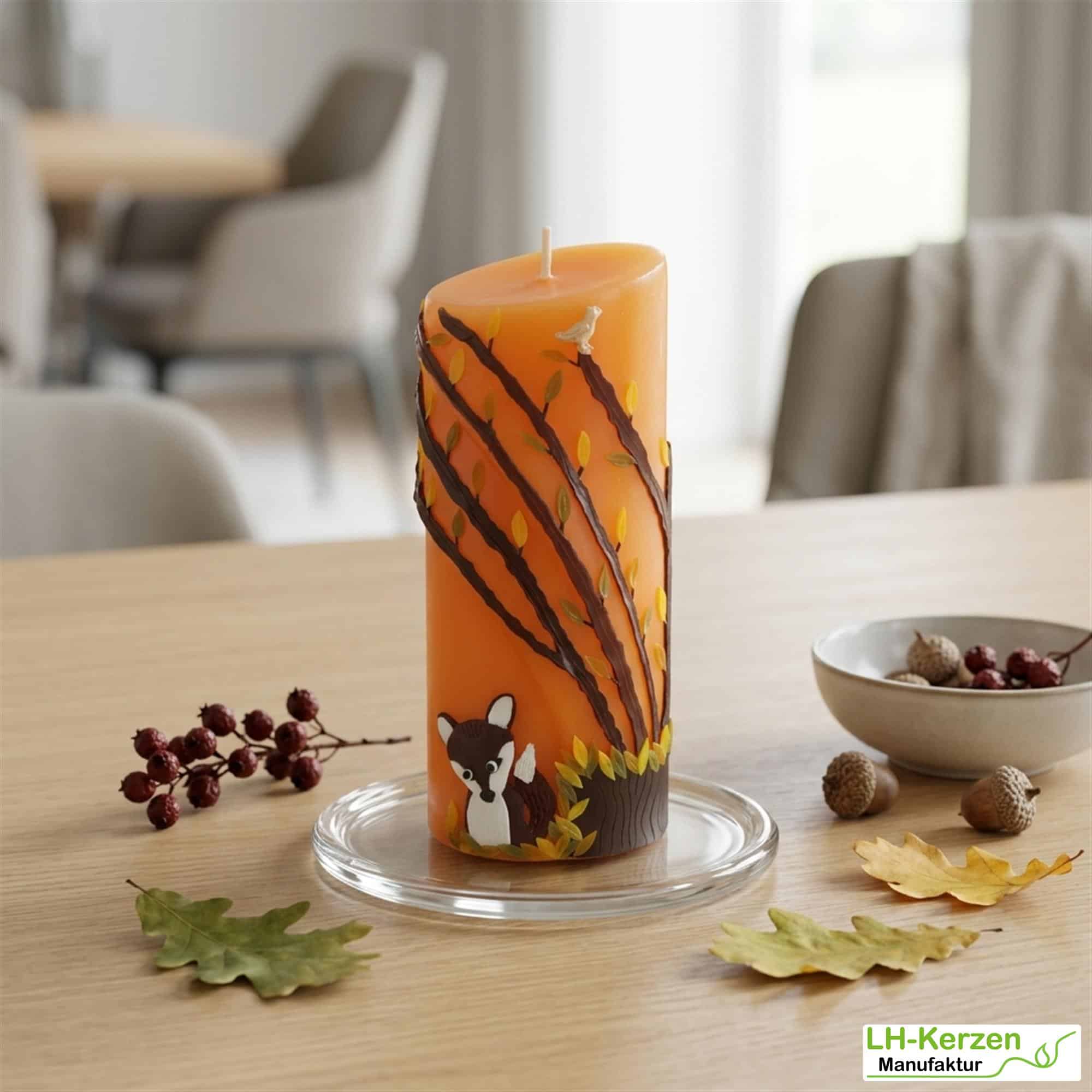 Herbstdeko orange Formkerze – handgegossenes Unikat mit Fuchs und Waldmotiv